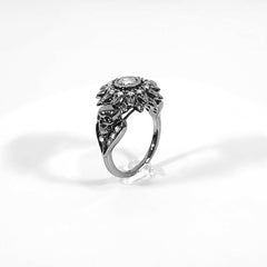 0.80TCW Diamond Skull Flower Ring Gothic Ring Silver Gun Metal