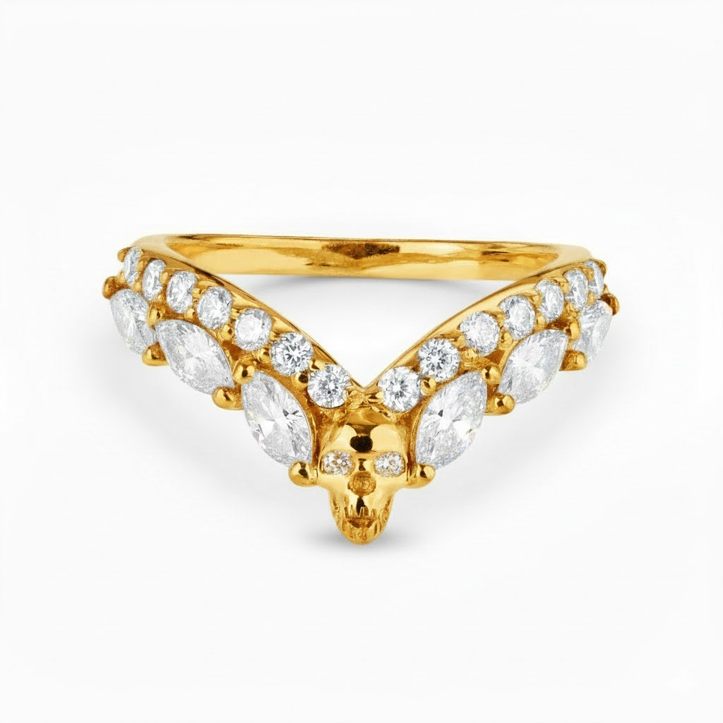Gold skull ring enhancer guard with diamonds, Chevron V-shaped curved wishbone nesting stacking wedding band
