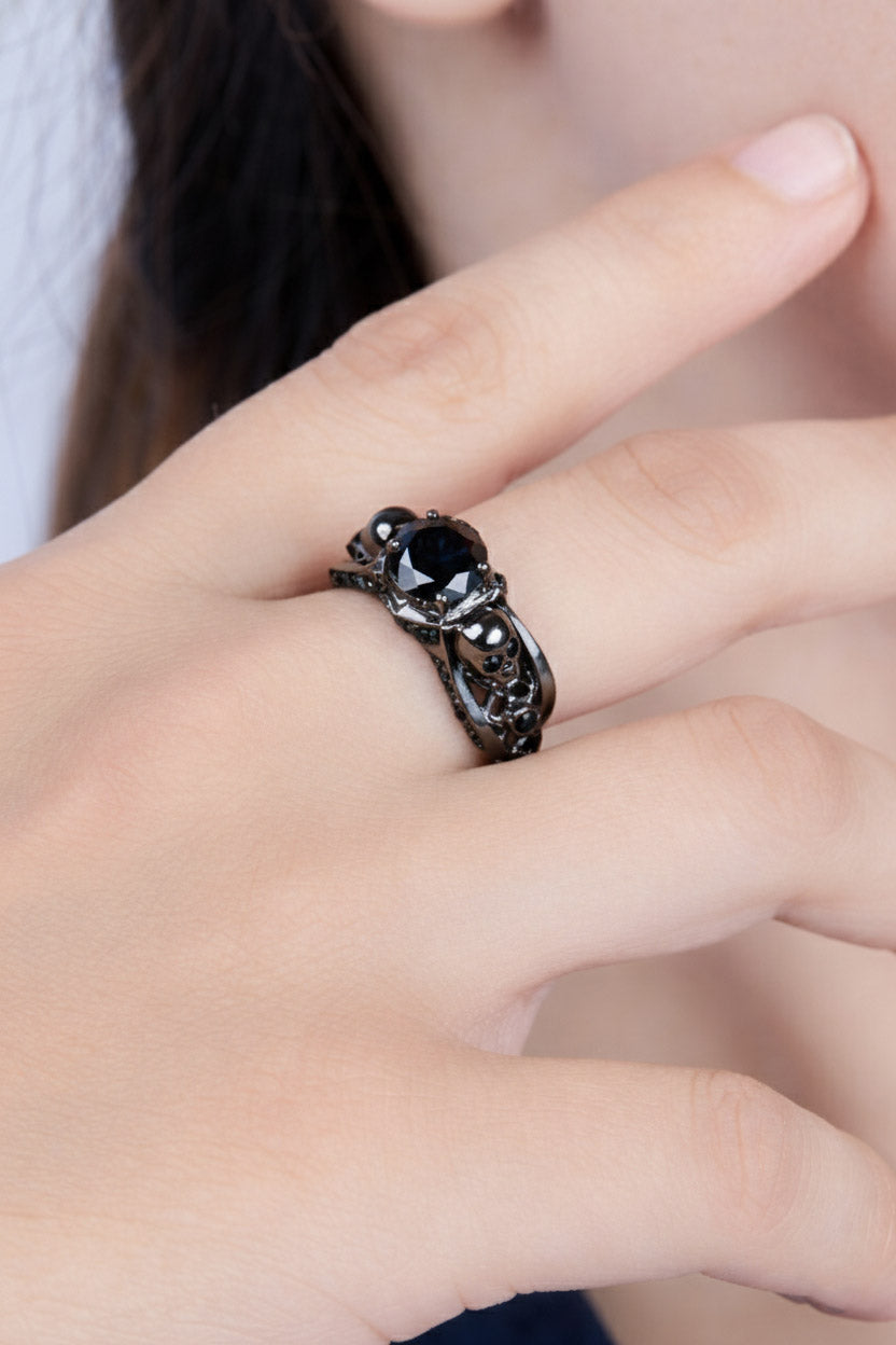 Mesh Skull Engagement Ring Set Black Onyx Gun Metal Finish
