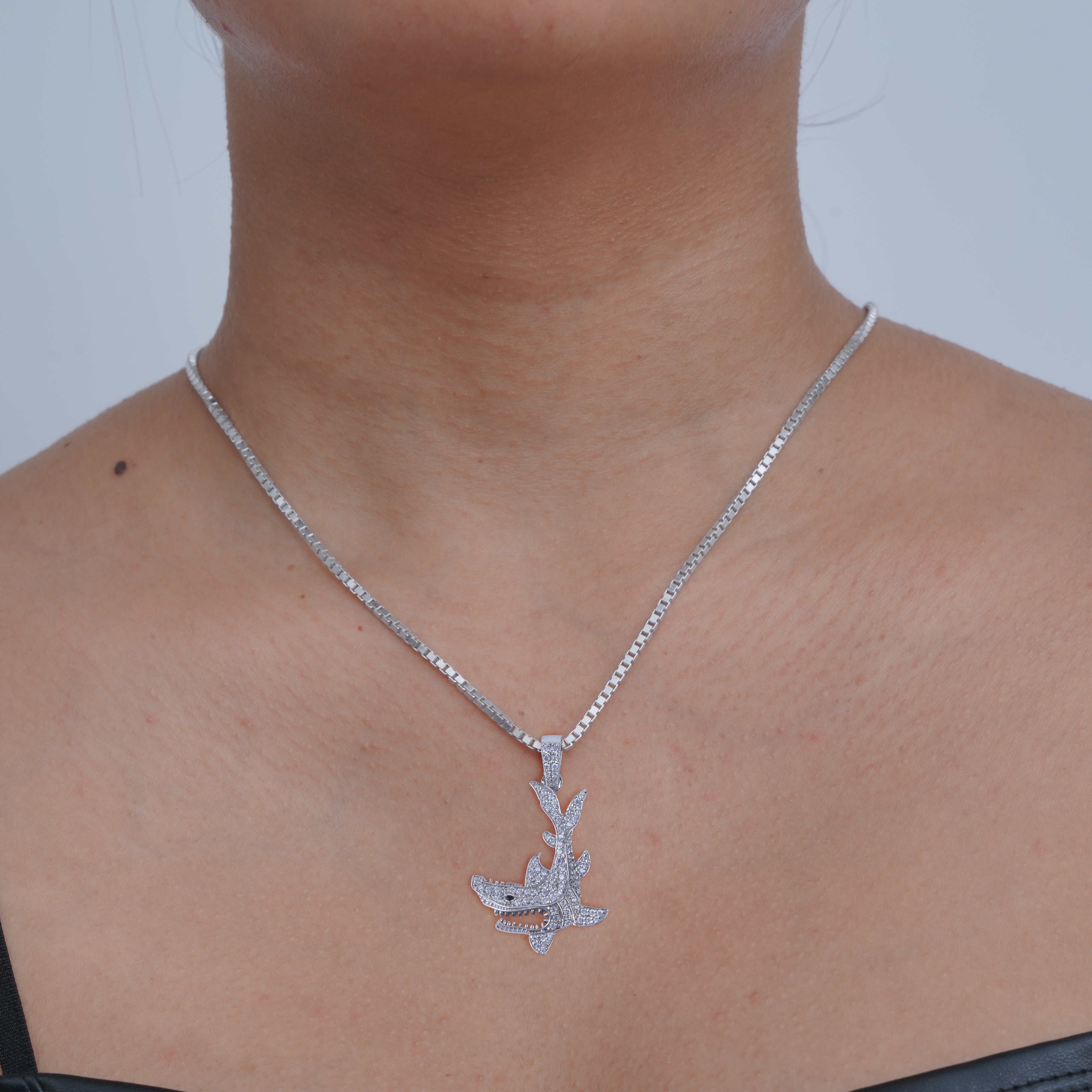 Iced Out Shark Pendant Necklace Sterling Silver Ocean Jewelry