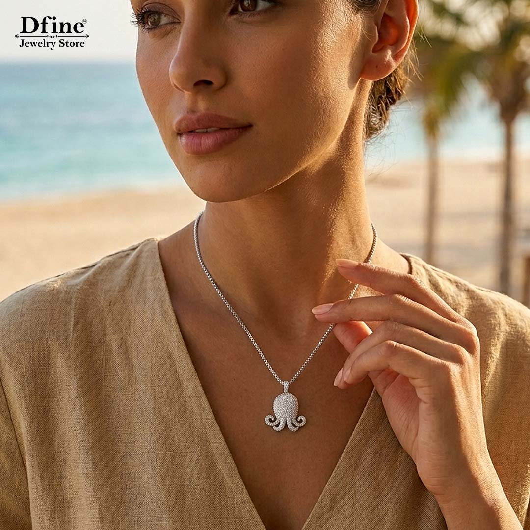 Iced Out Octopus Pendant Necklace in Sterling Silver, Beach Jewelry