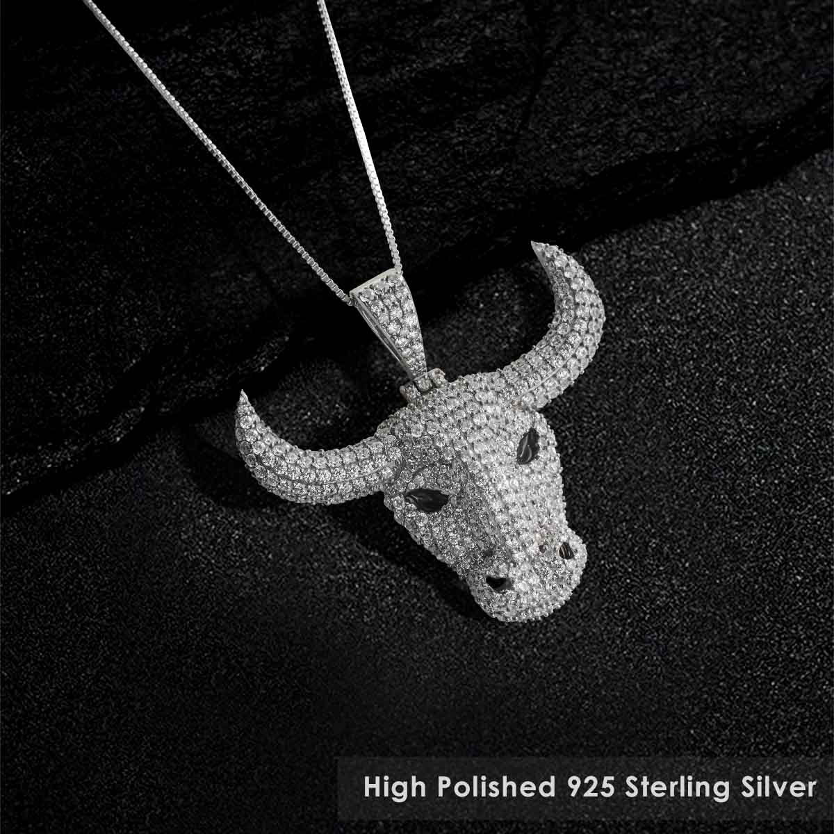 Bull Head Pendant Iced Out Bull Necklace Hip Hop Wild Animal Jewelry Sterling Silver