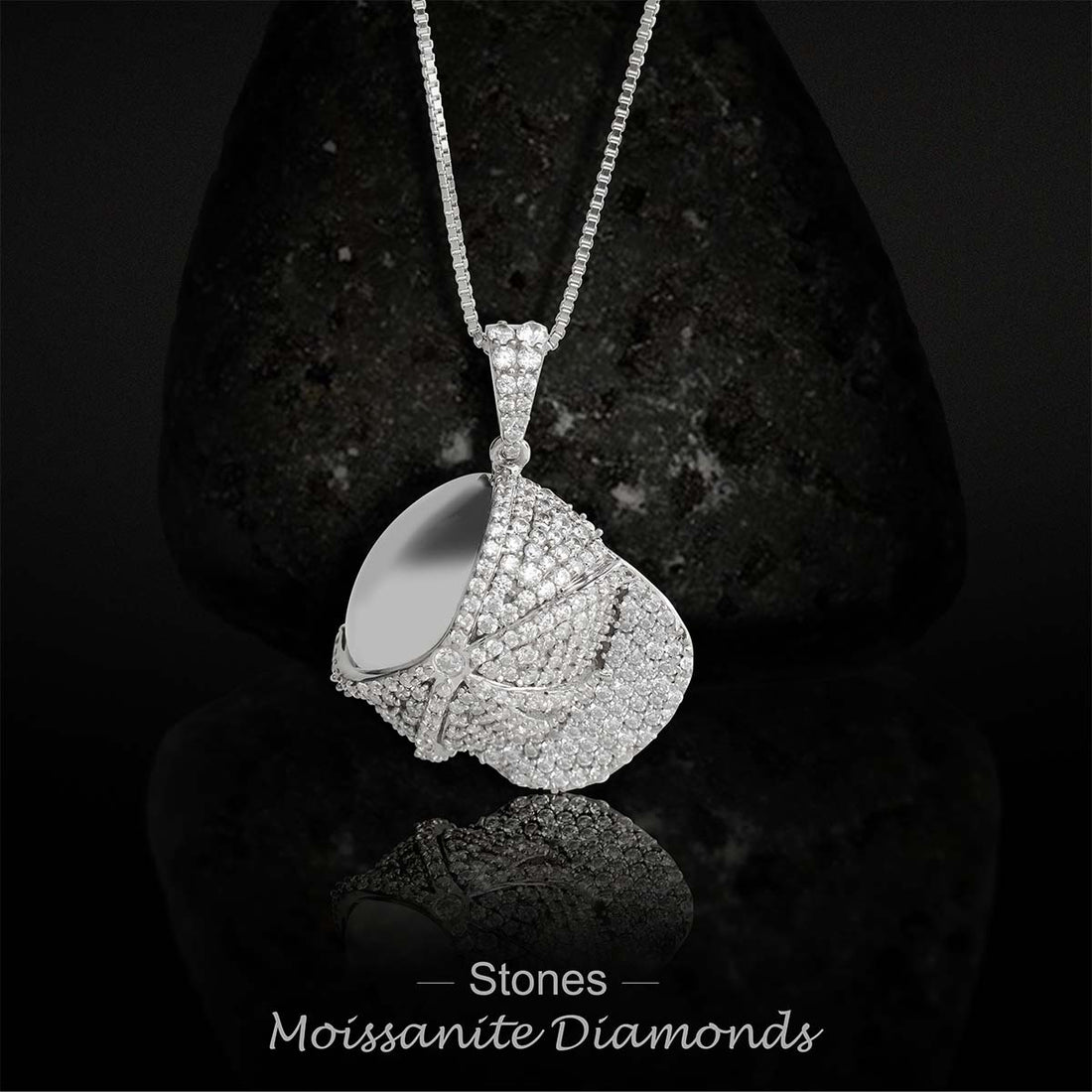 Iced Out Baseball Cap Necklace Moissanite Pendant Silver Sports Hip Hop Jewelry