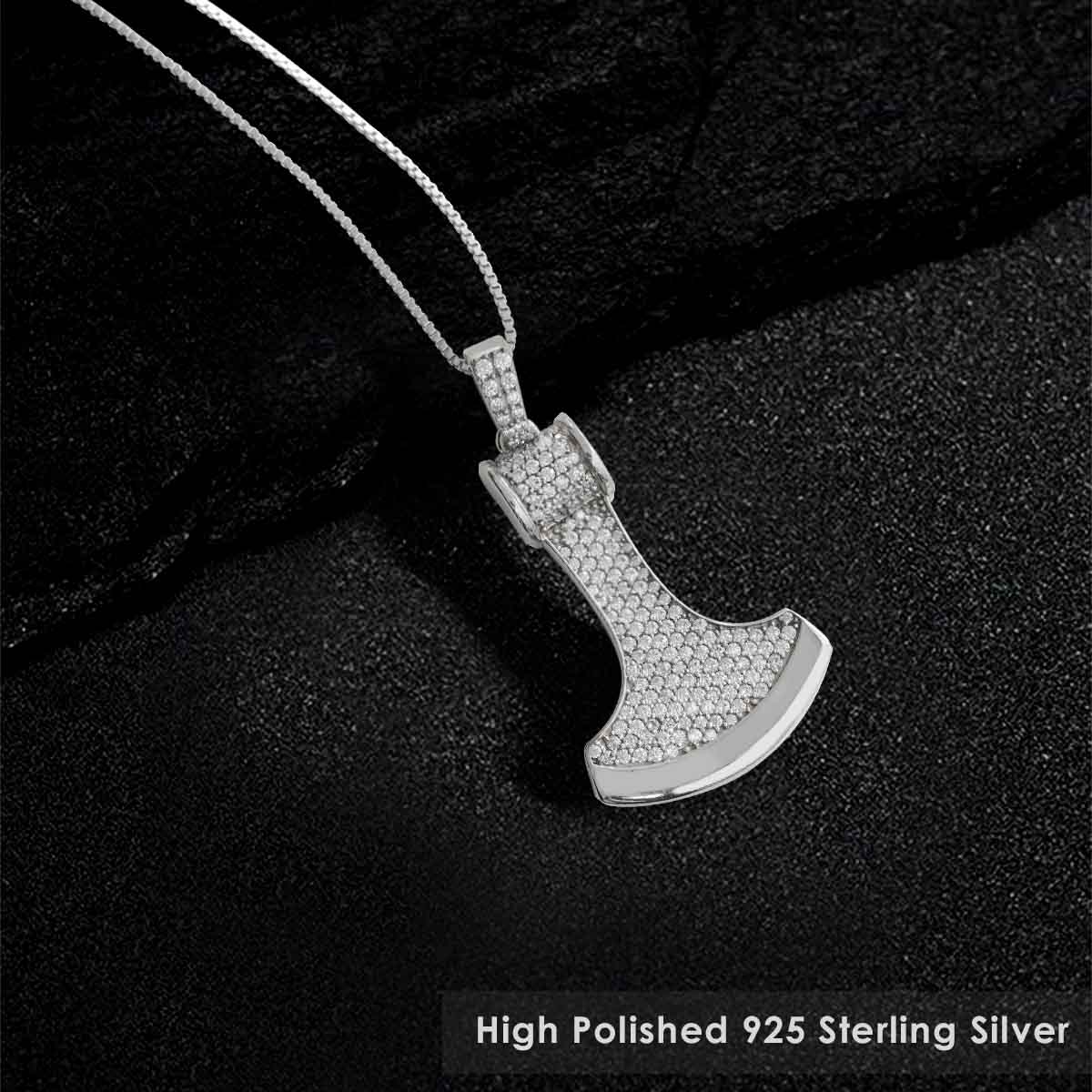 Icedout Viking Axe Pendant Necklace Hip Hop Jewelry Sterling Silver CZ Diamond
