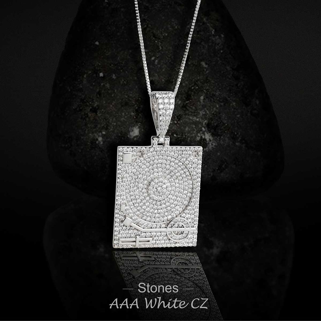 Phonograph Pendant Necklace Sterling Silver Hip Hop Jewelry CZ Diamond