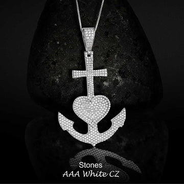 Iced Out Cross Anchor Heart Pendant Necklace Sterling Silver Hip Hop Jewelry