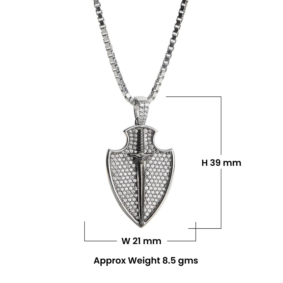 Shield with Sword Necklace Two Tone Iced Out Pendant Viking Jewelry Sterling Silver
