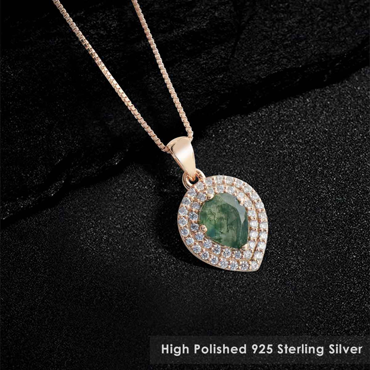 Double Halo Pendant Necklace for Women Pear Cut Natural Moss Agate Sterling Silver
