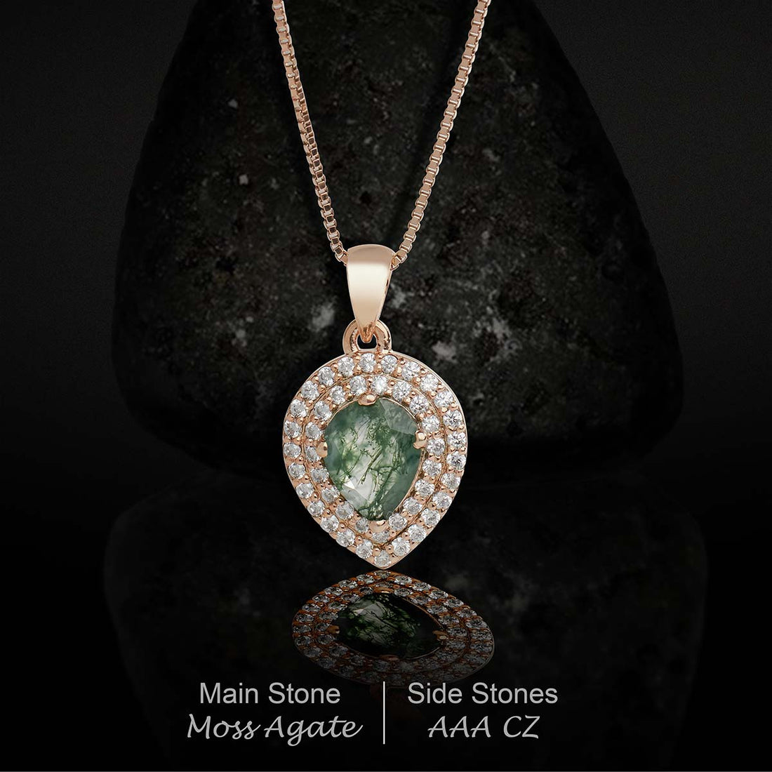 Double Halo Pendant Necklace for Women Pear Cut Natural Moss Agate Sterling Silver