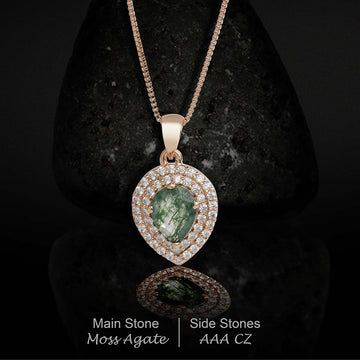 Double Halo Pendant Necklace for Women Pear Cut Natural Moss Agate Sterling Silver