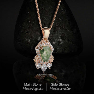 Coffin Moss Agate Pendant Necklace For Women Coffin Jewelry Rose Gold Plated