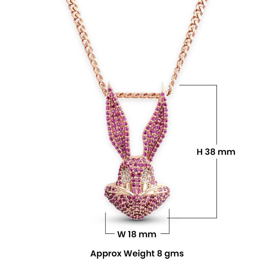 Rose gold bunny pendant with pink stones on a dark background
