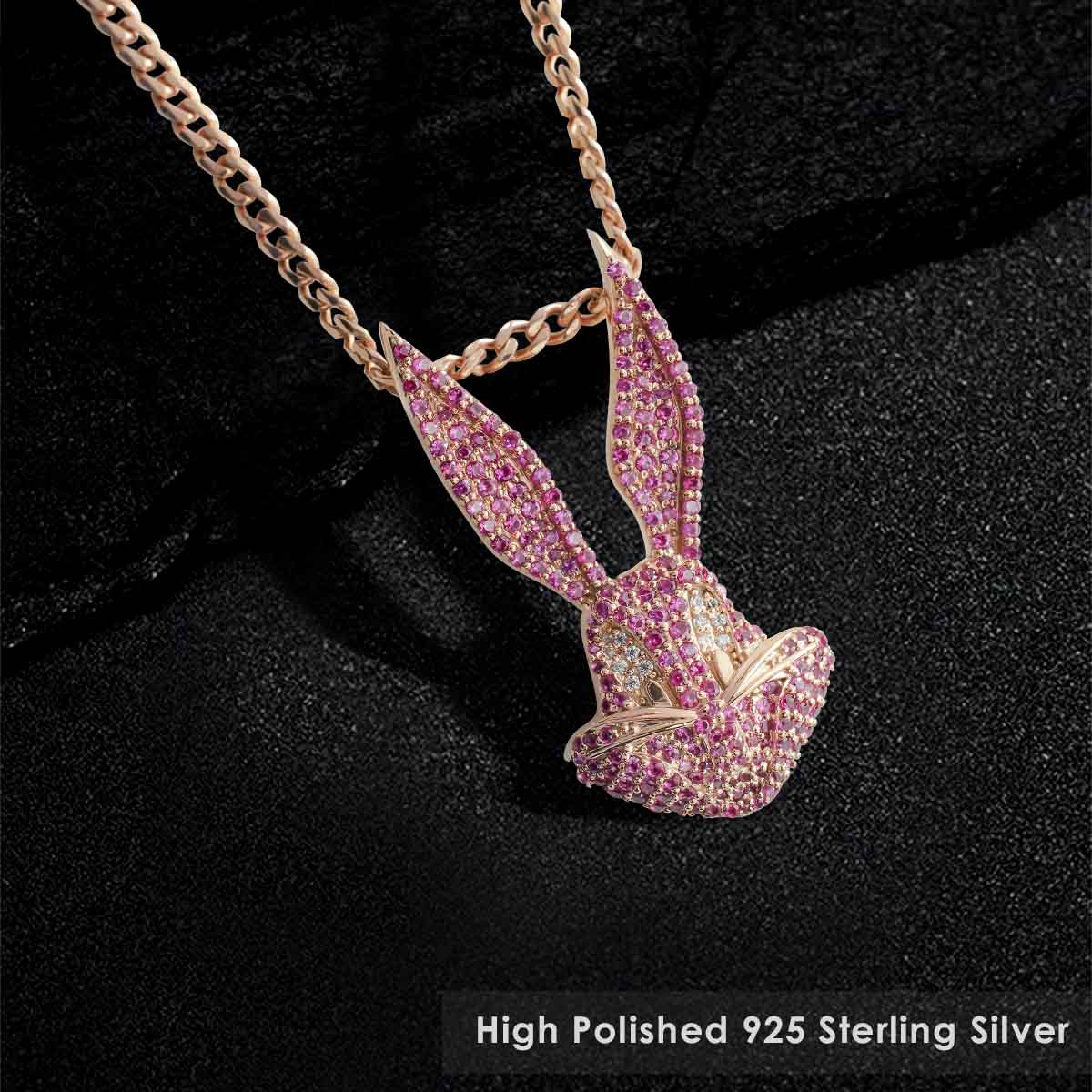 Pink bunny pendant necklace on a black background with Rose Gold Polished 925 Sterling Silver