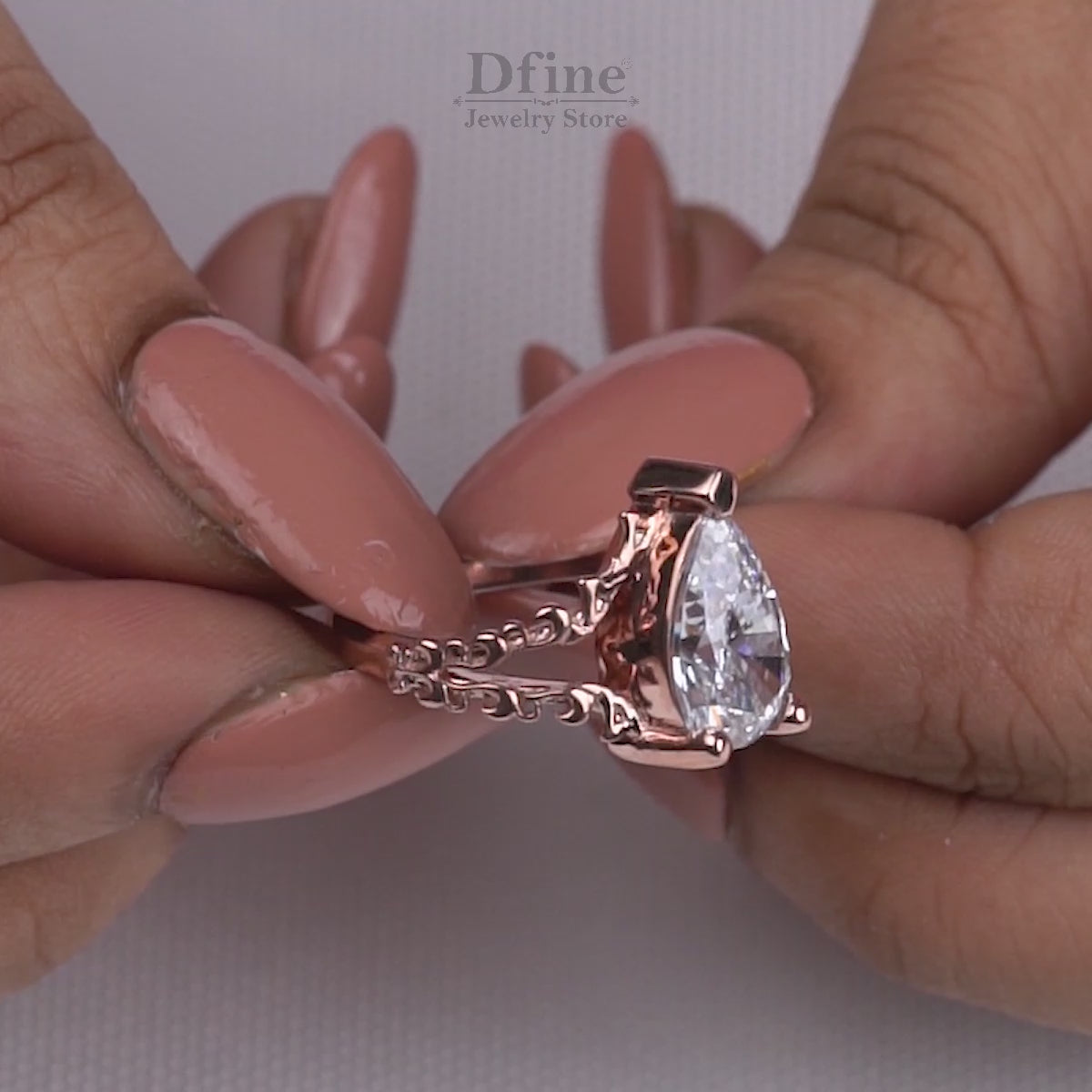 Solitaire Pear Cut Moissanite Art Nouveau Engagement Ring Teardrop Wedding Statement Split Shank Rose Gold