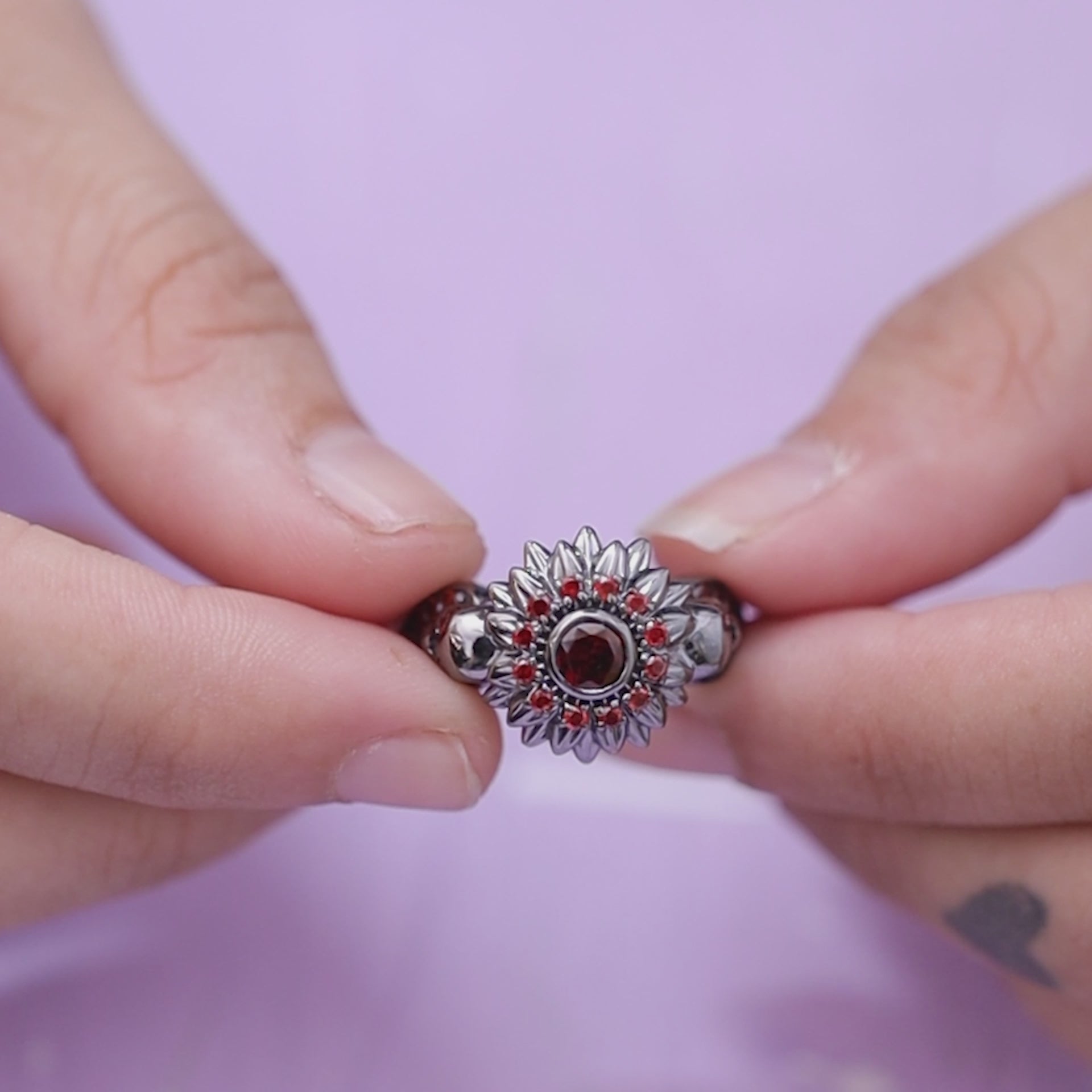 Skull Flower Engagement Ring Gothic Skull Ring Silver Gun Metal