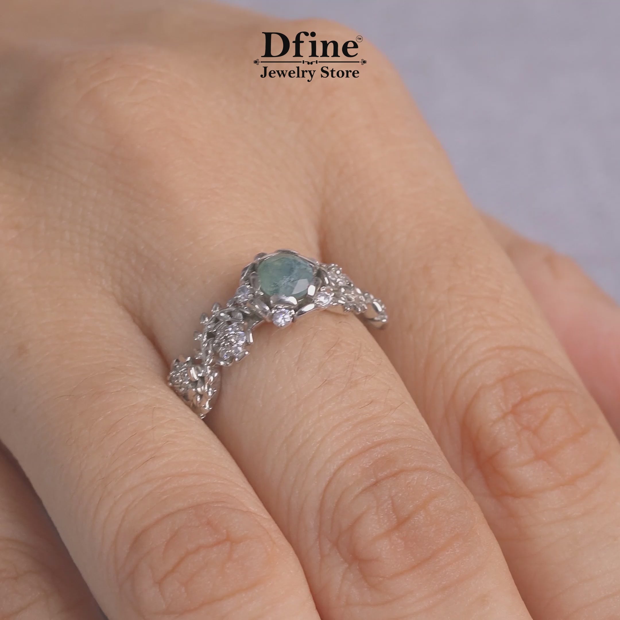 Moss agate ring with cluster diamonds and floral leaf vine design in sterling silver or white gold