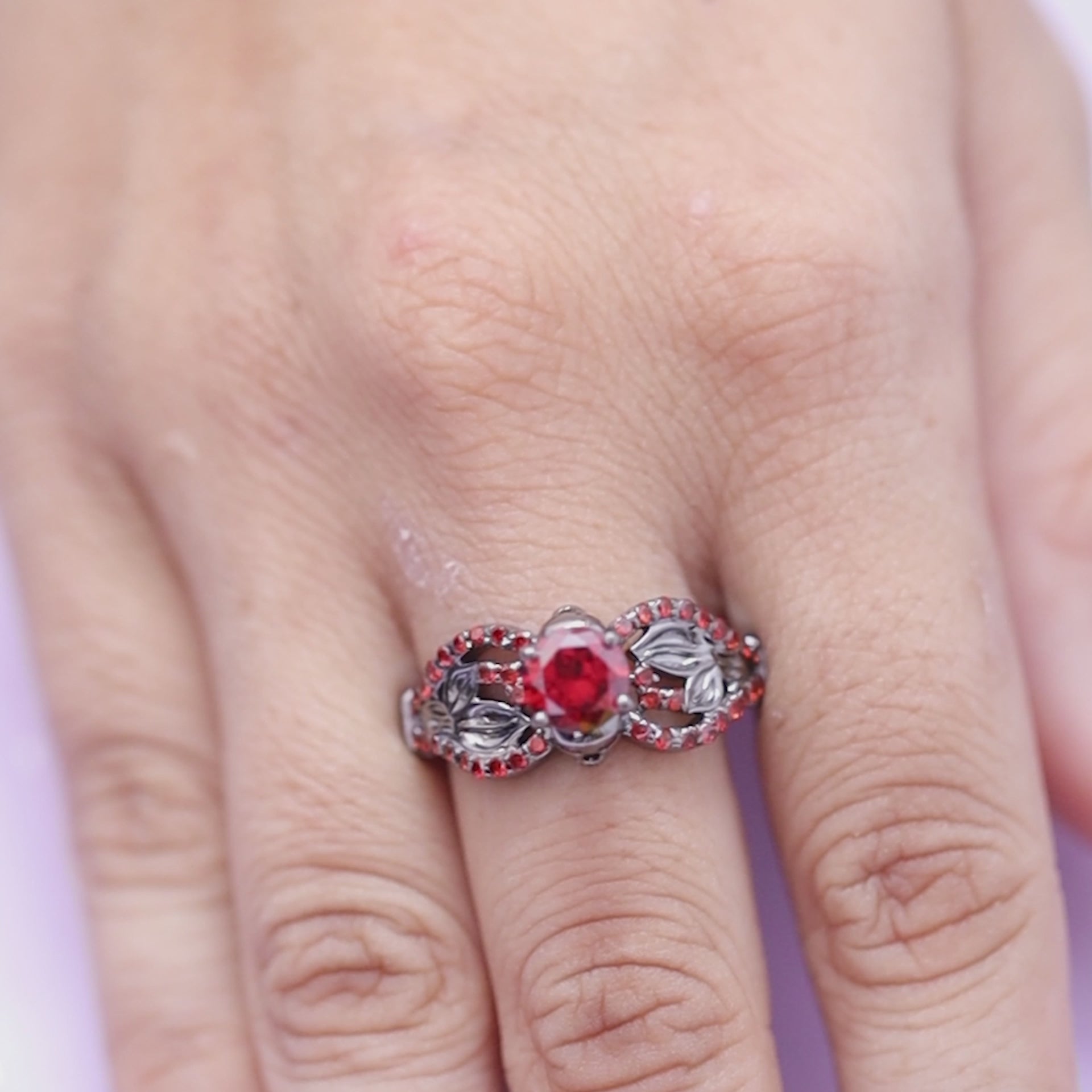 Leaf Skull Engagement Ring Red Garnet Gothic Skull Ring Silver