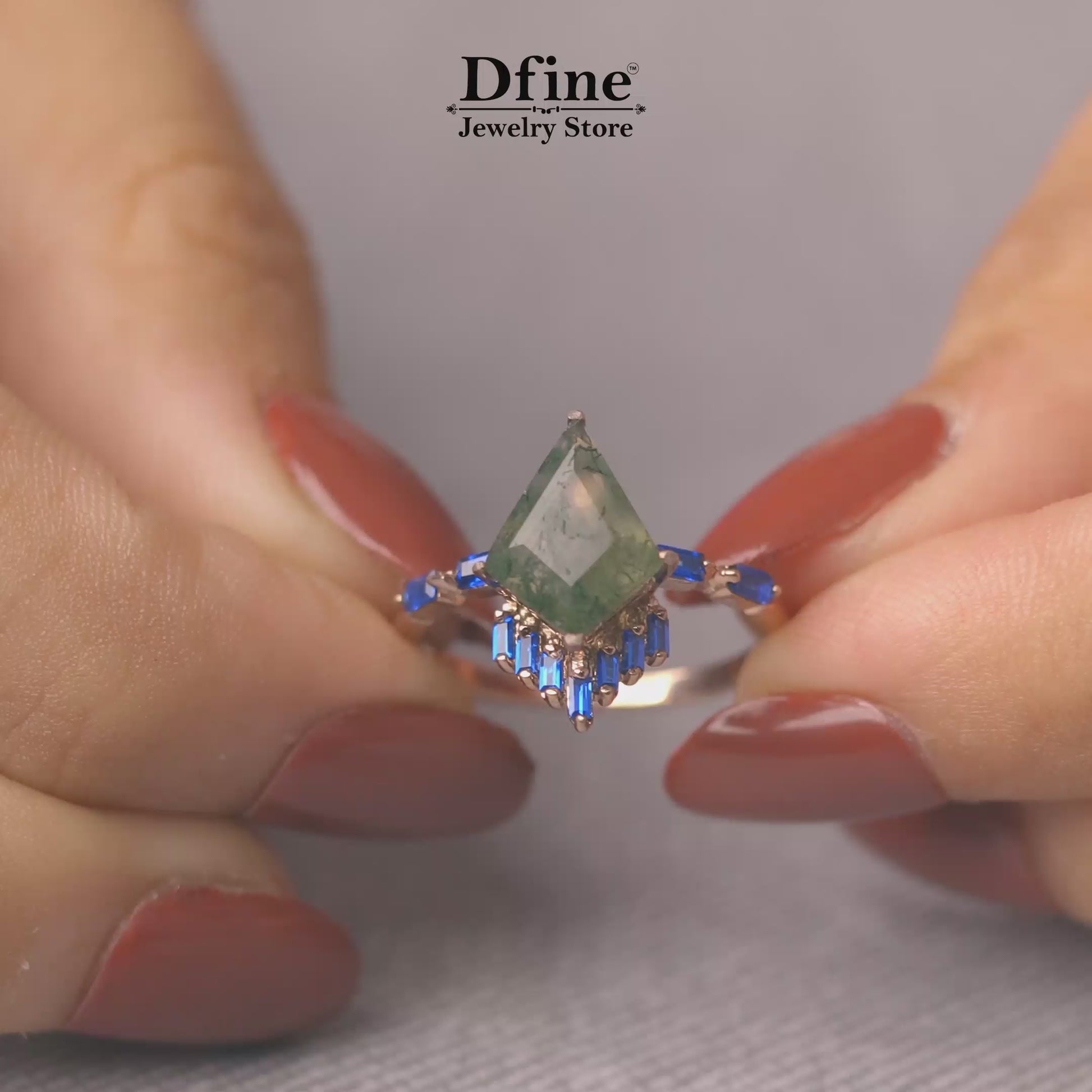 Kite cut Moss Agate Statement Engagement Ring in Rose Gold
