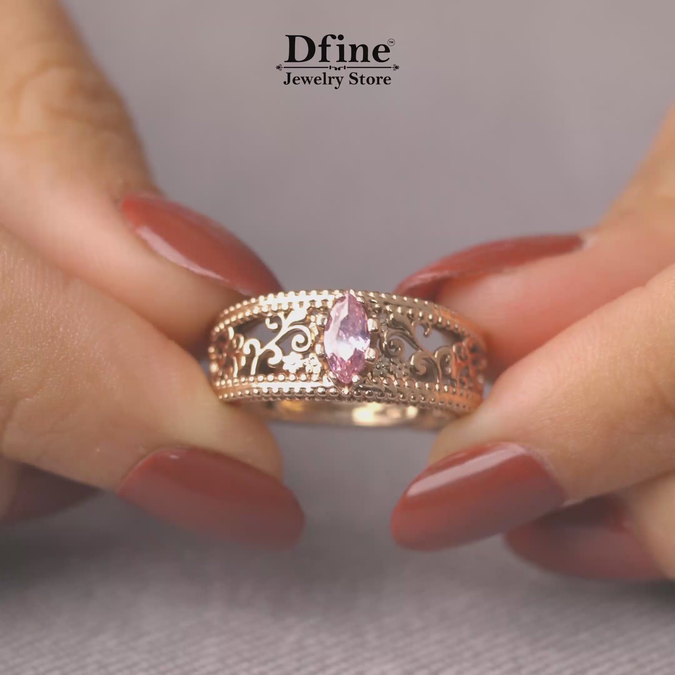 Rose Gold Art Deco Vintage Womens Wedding Band with Marquise cut Baby Pink Quartz