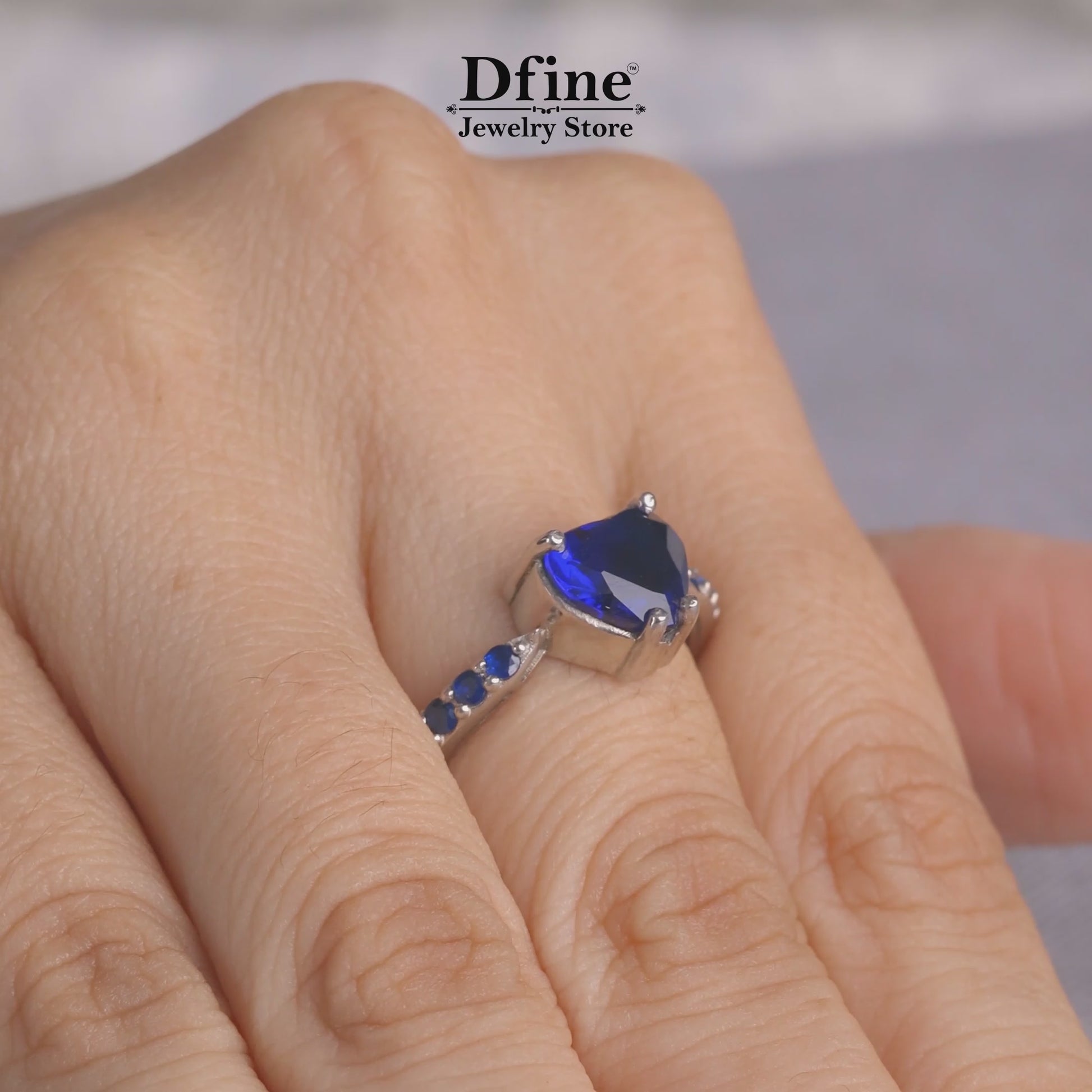 Heart shaped blue sapphire promise engagement ring in sterling silver or white gold