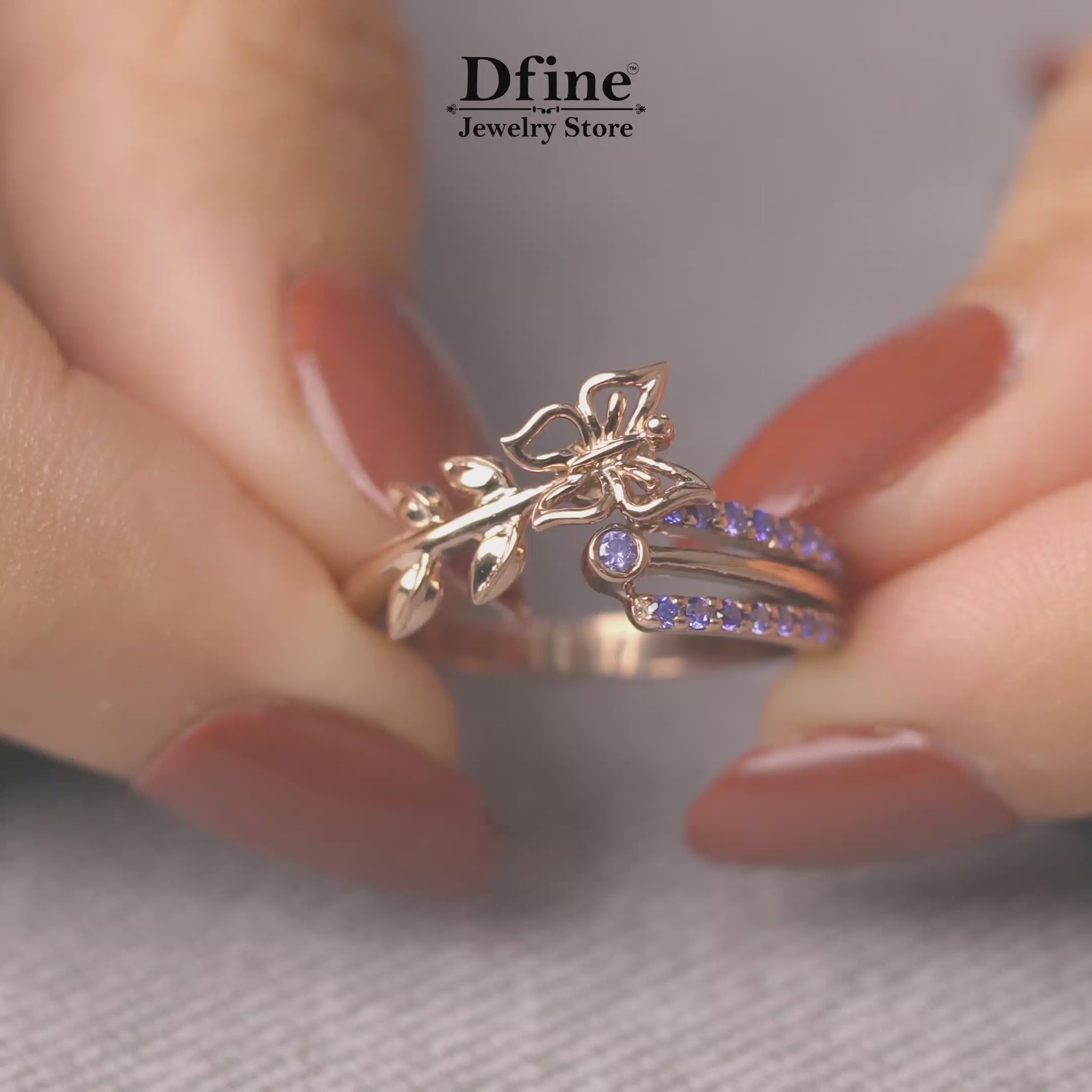 Amethyst Butterfly Ring with Floral Leaves Art Nouveau Nature Inspired Design in Rose Gold