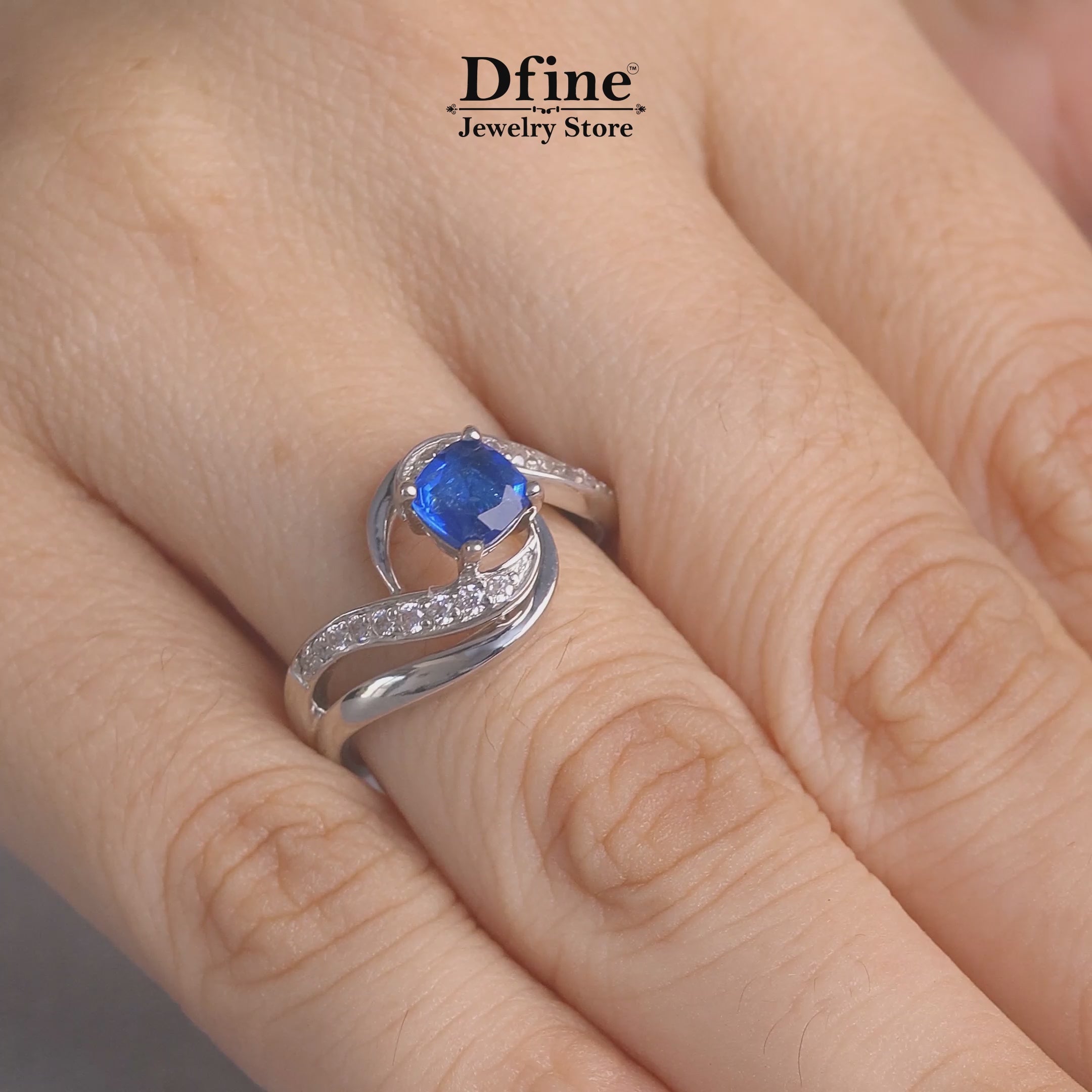 Cushion Cut Blue Sapphire Twisted Engagement Ring in Sterling Silver or White Gold