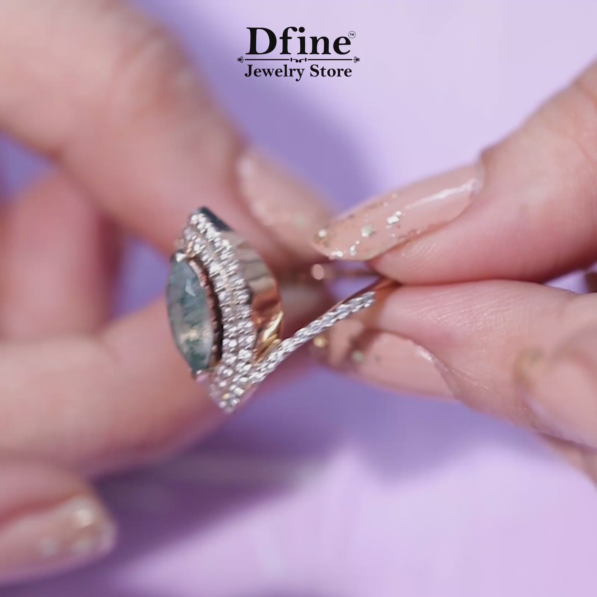 Matquise Cut Moss Agate Double Halo Statement Ring Rose Gold