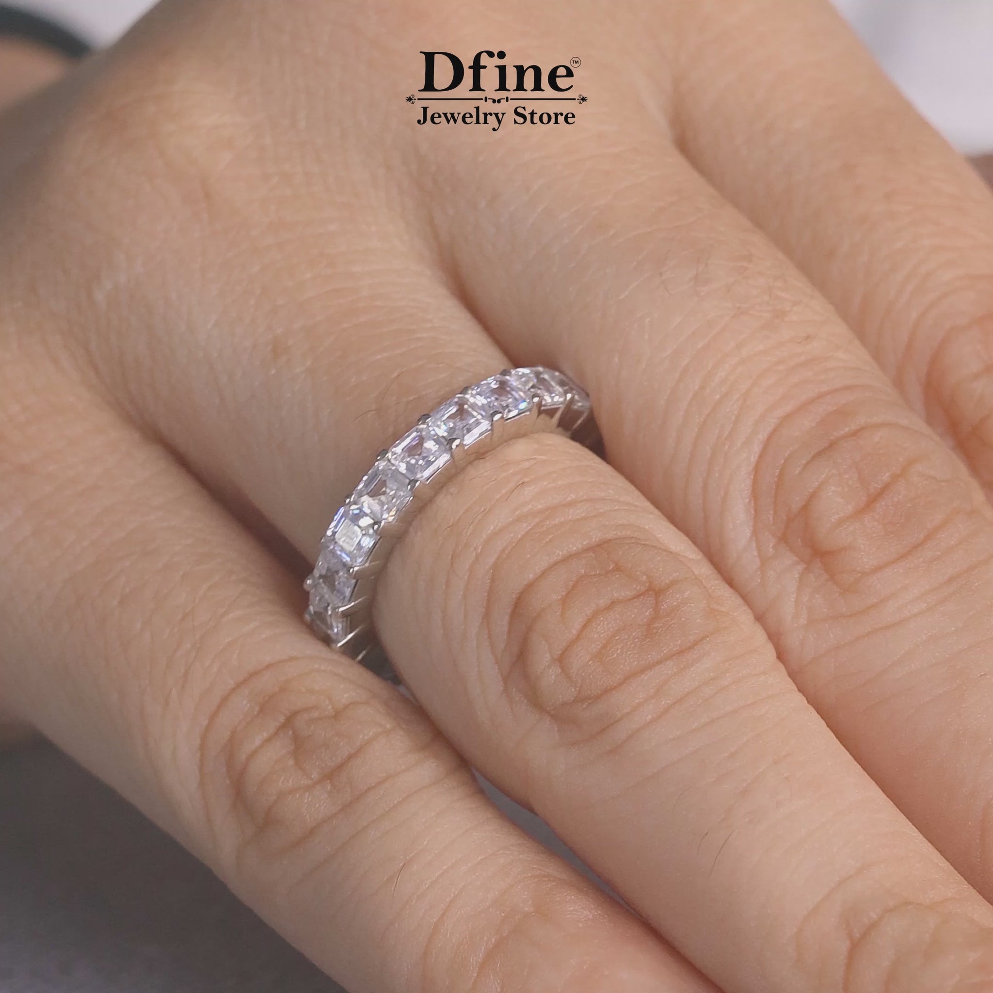 Asscher cut moissanite eternity wedding band in sterling silver or white gold