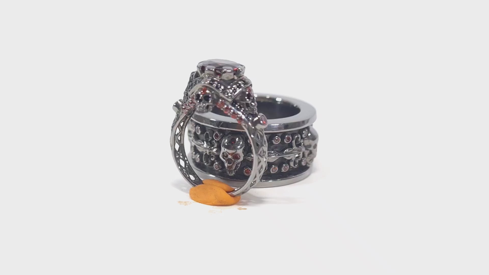 Red Garnet Matching Skull Rings His and Her Vampire Fleur De Lis