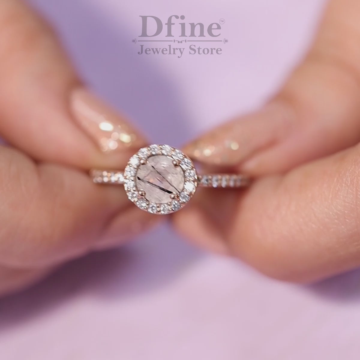 Rutilated Quartz Halo Engagement RIng in Rose Gold