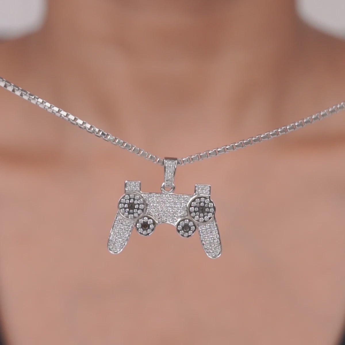 Iced Out Video Game Controller Pendant Necklace Two Tone Silver