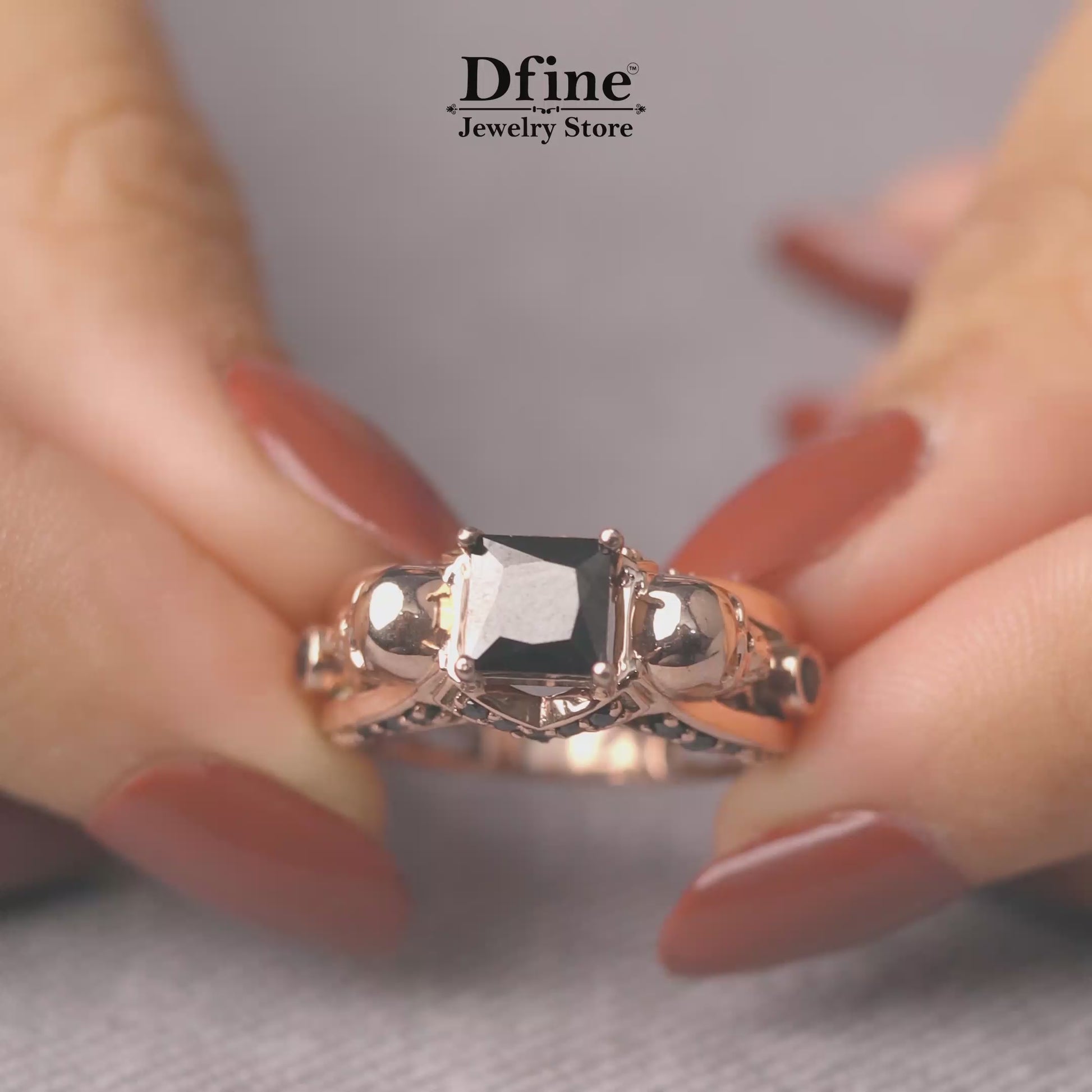 Princess cut black spinel skull engagement ring with criss cross mesh design in rose gold