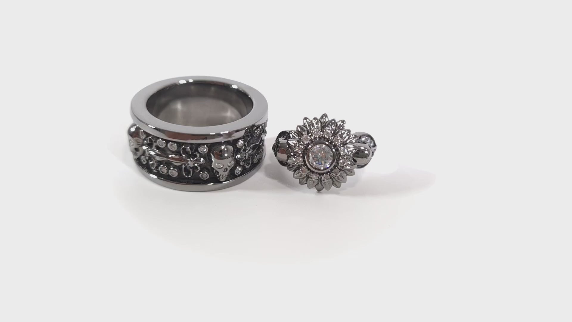 1.30tcw Diamond Flower Skull Couple Rings His Her Promise Ring