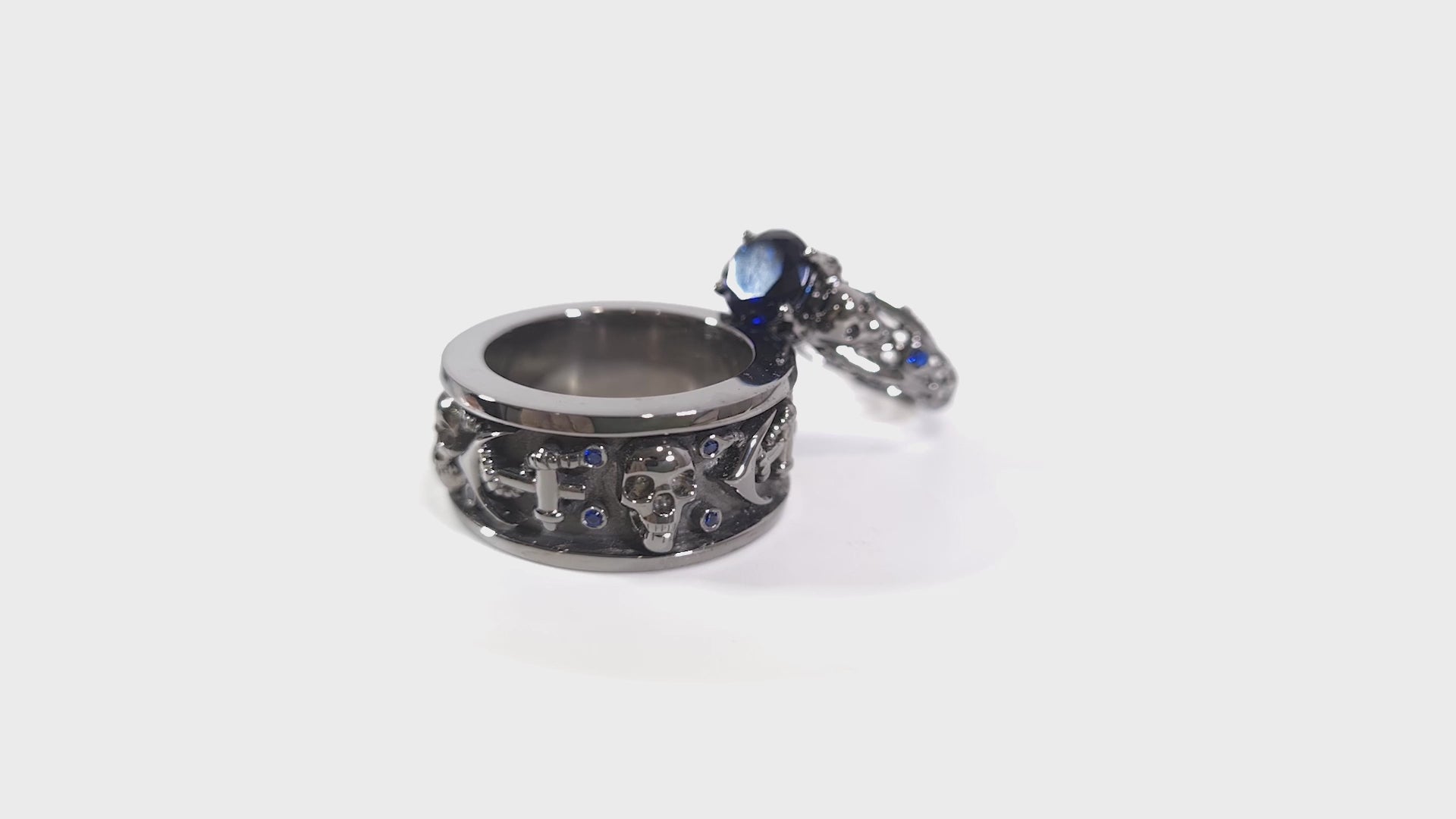 Matching Skull Couple Set Blue Sapphire Gothic Wedding Rings