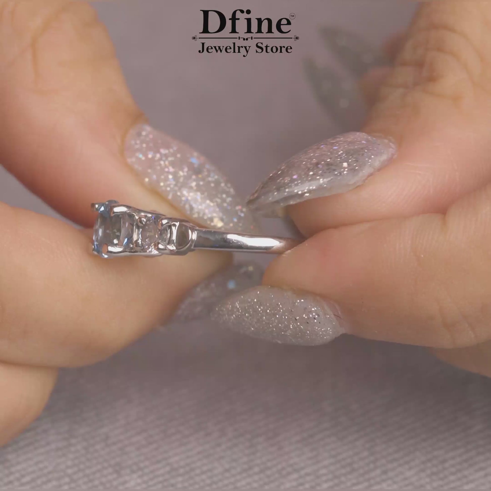 Natural Aquamarine 3 Stone Engagement Ring in sterling silver, Rose Gold, White Gold