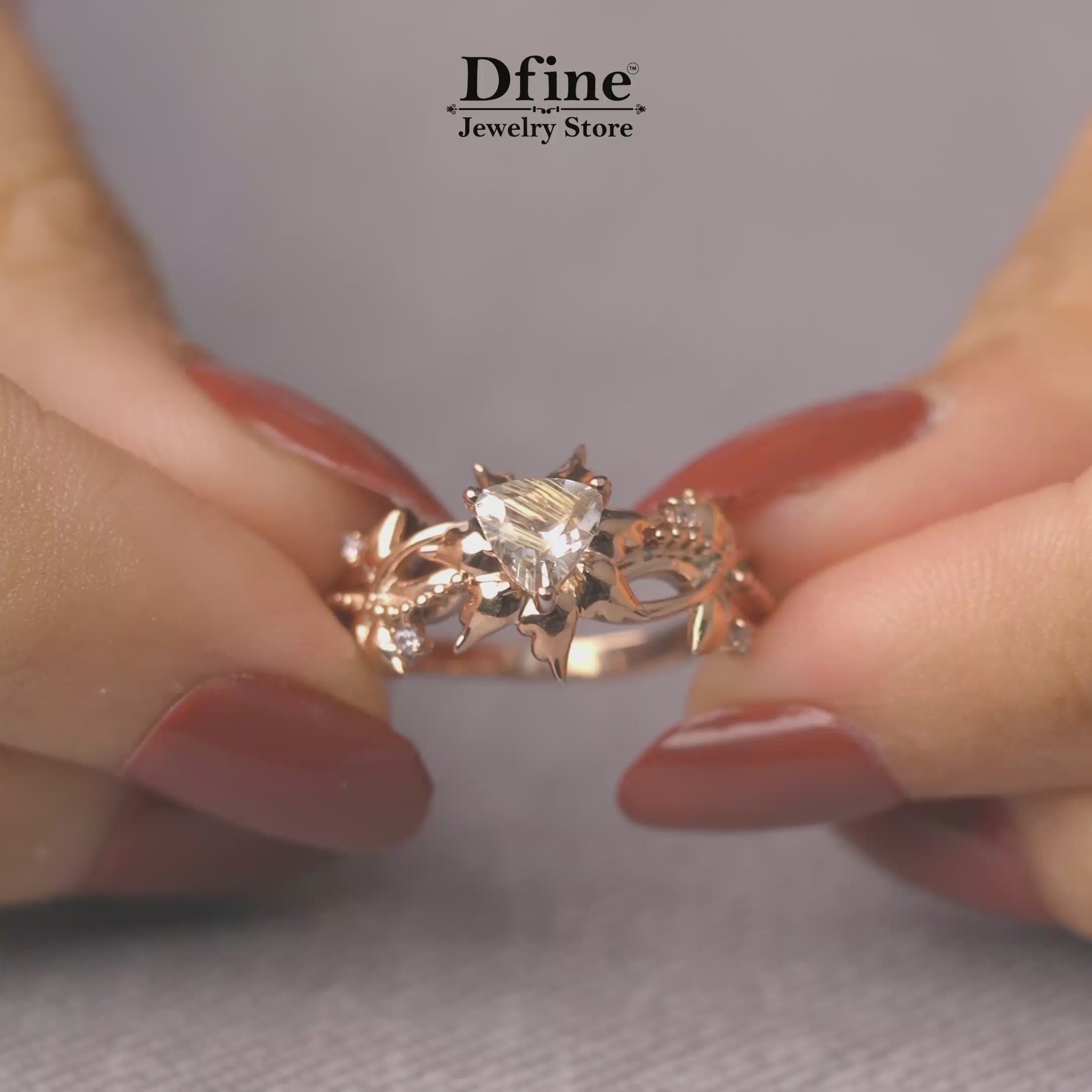 Trillion cut rutilated quartz floral natural inspired engagement ring in rose gold