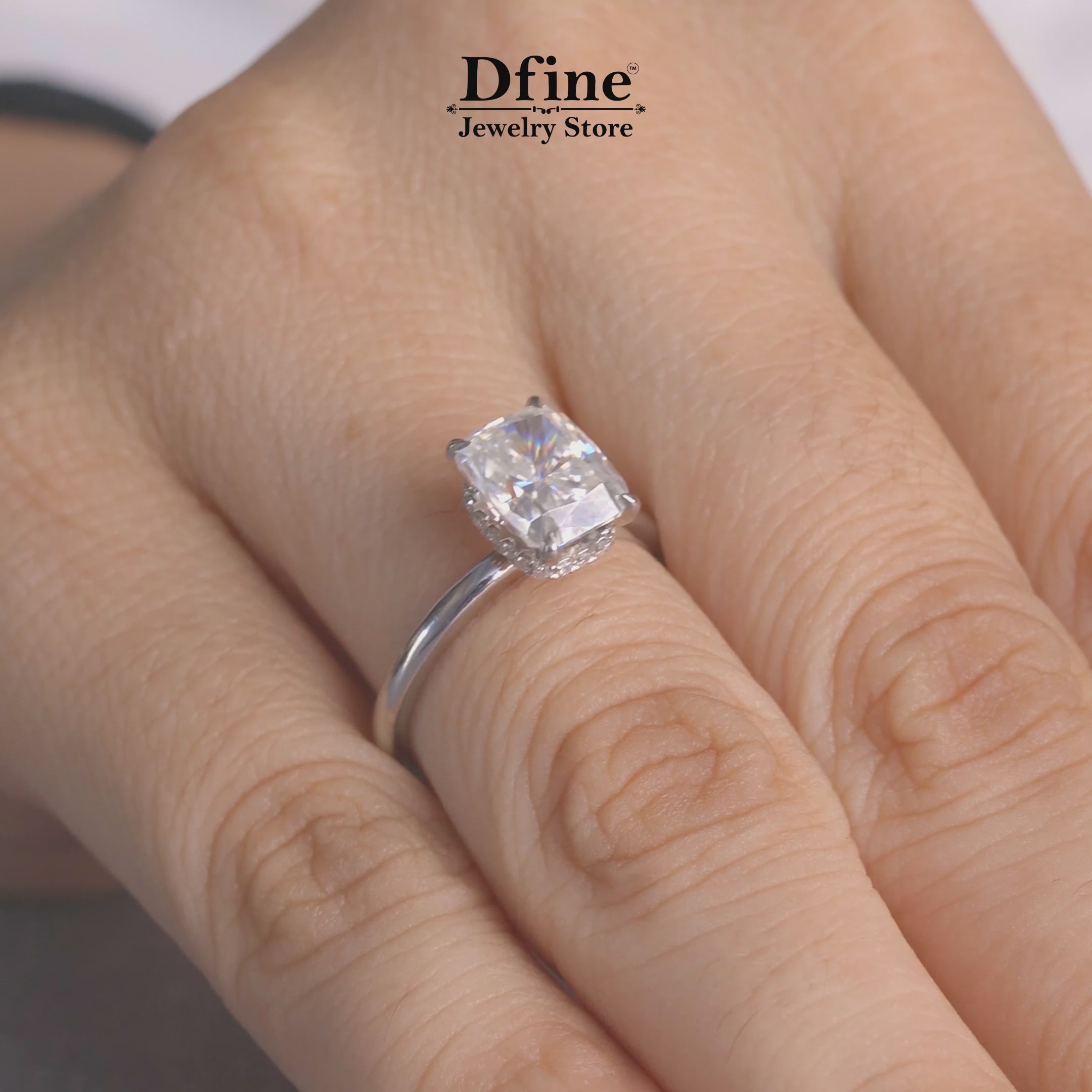 Hidden halo diamond engagement ring in sterling silver or white gold