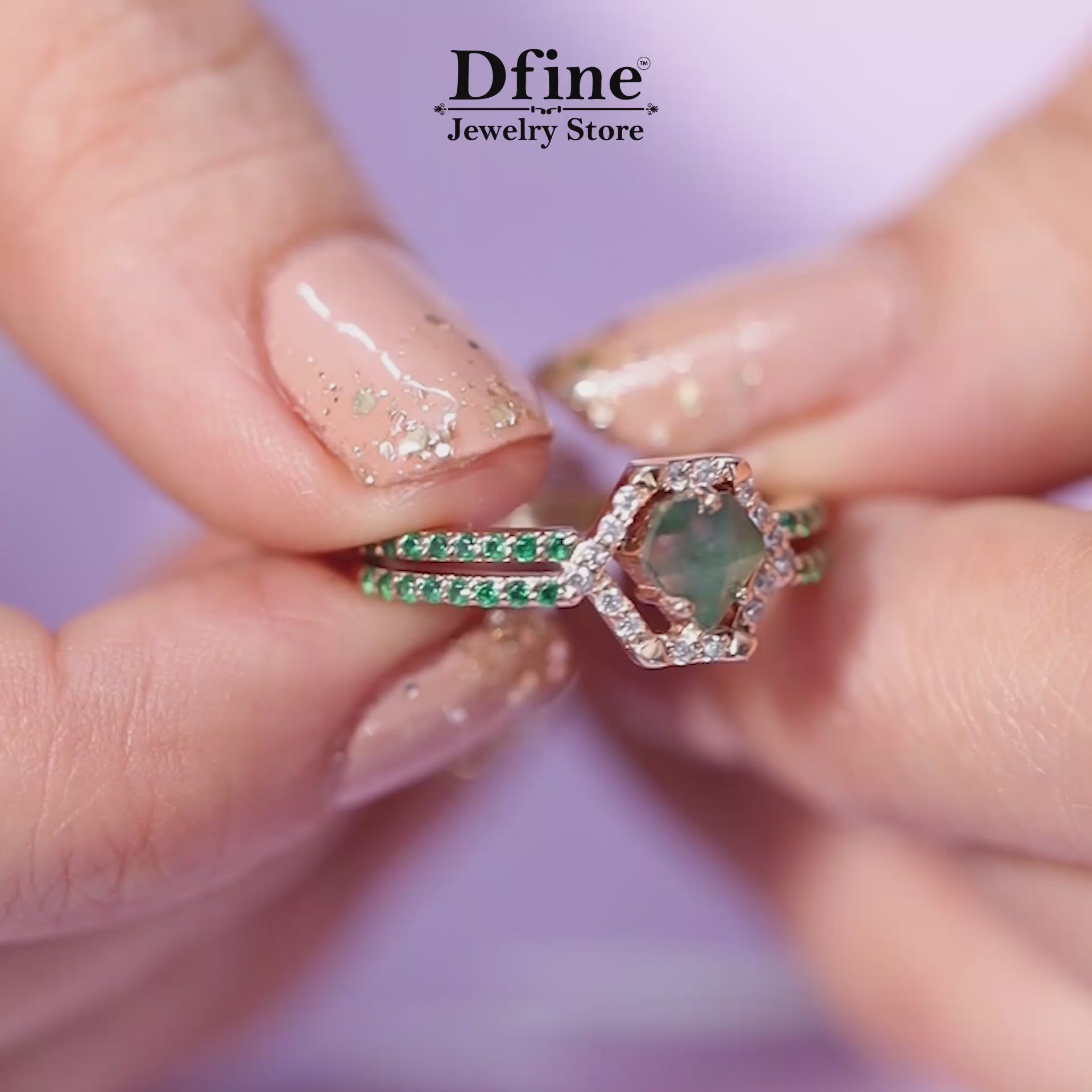 Pentagon Rose Cut Moss Agate in Hexagon Halo Ring Crafted from Rose Gold