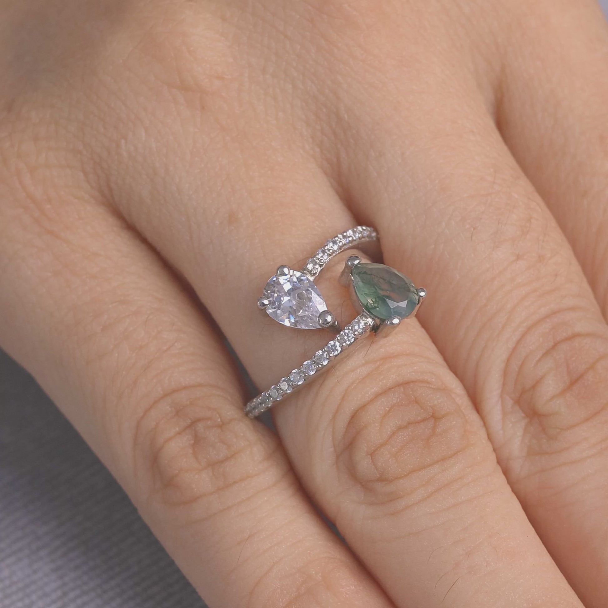 Toi Et Moi Moss Agate Engagement Ring Pear Cut 2 Stone Silver