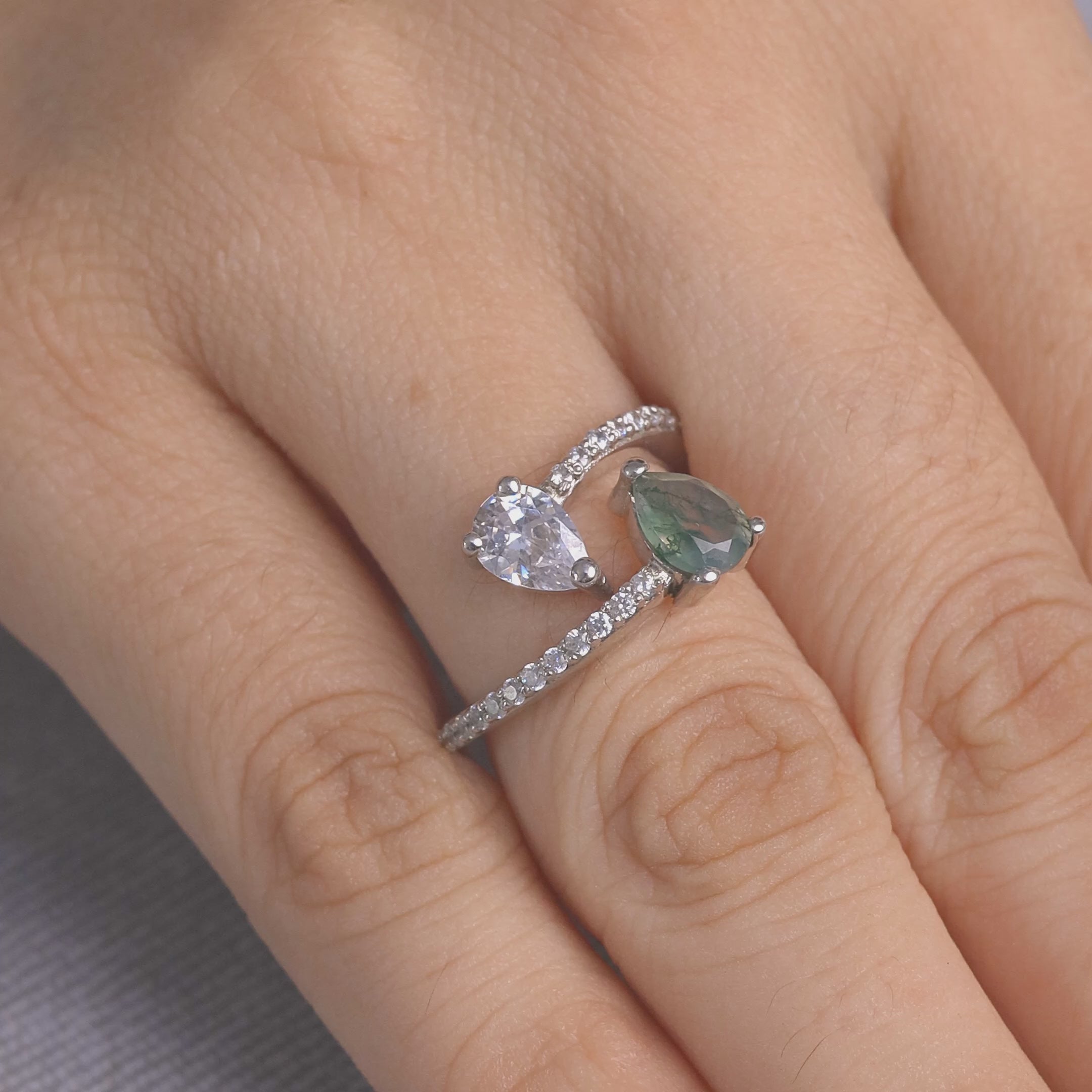Toi Et Moi Moss Agate Engagement Ring Pear Cut 2 Stone Silver
