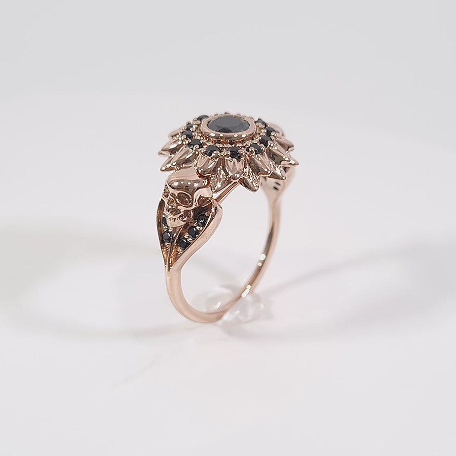 Skull Flower Engagement Ring 14k Rose Gold Skull Ring Womens