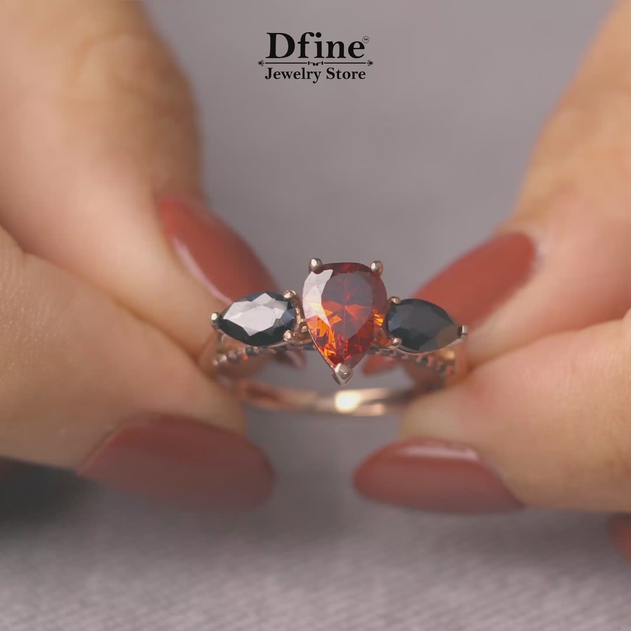 Teardrop Red and Black 3 Stone Cocktail Statement Ring in Rose Gold