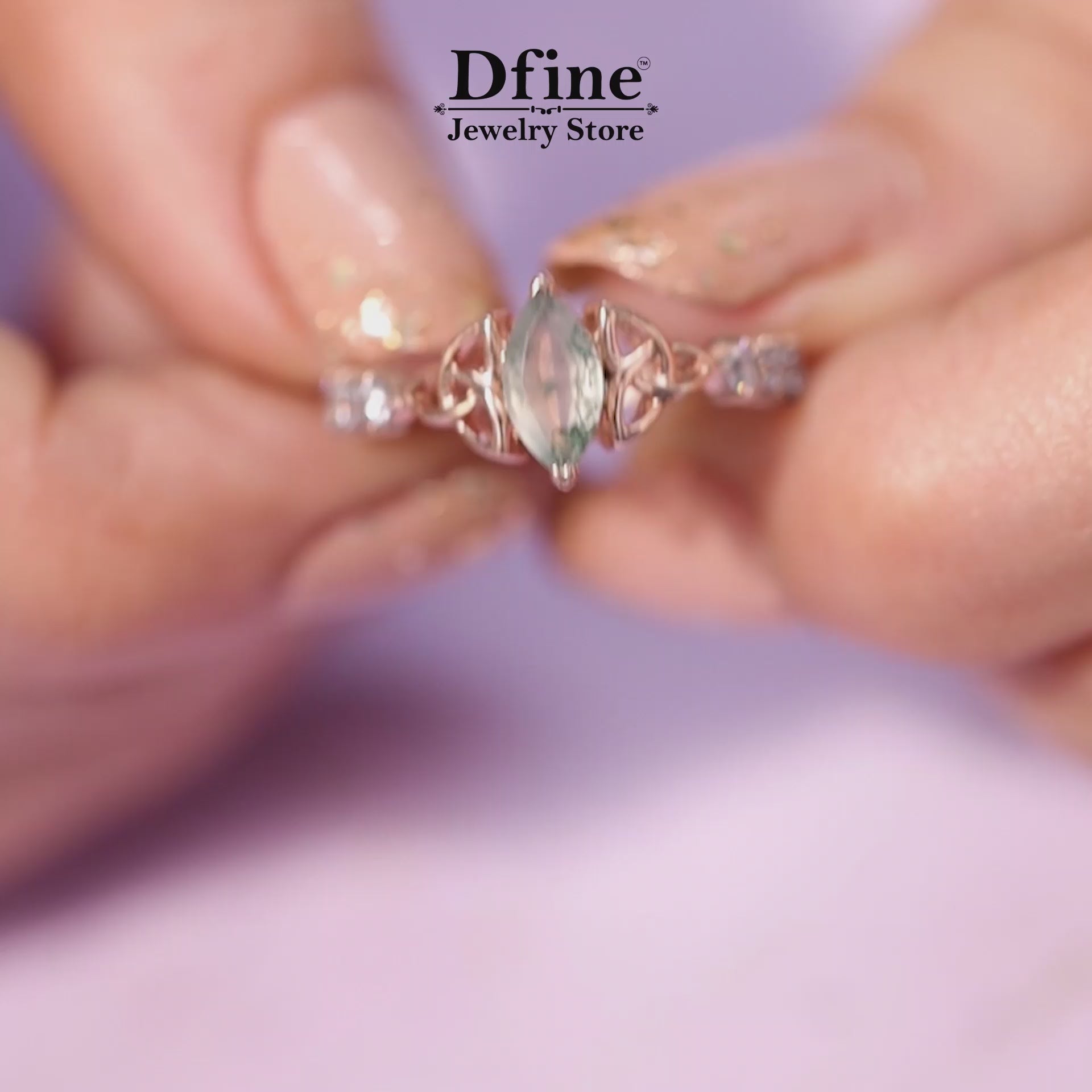 Marquise cut moss agate celtic trinity promise ring in rose gold