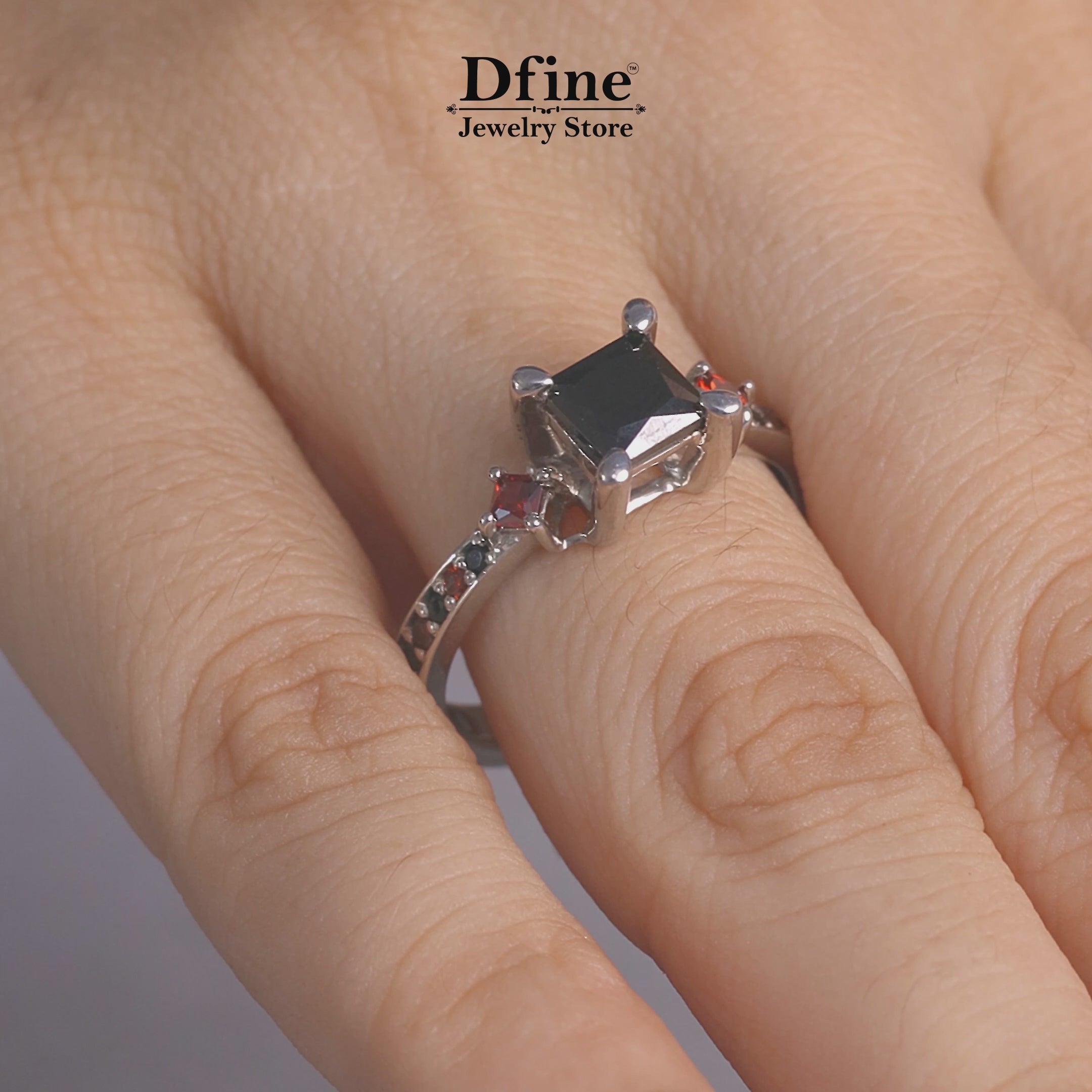 Red and Black Gothic Engagement Ring in Sterling Silver or White Gold