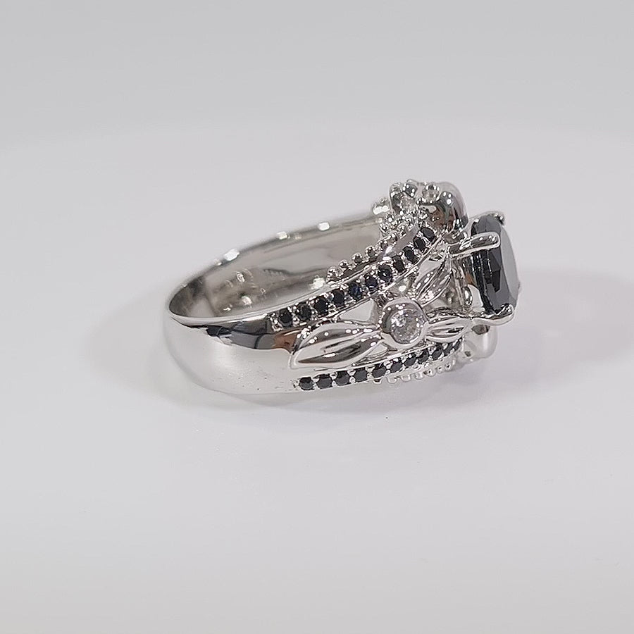 Black Onyx Skull Wedding Ring Leaf Floral Gothic Ring Womens