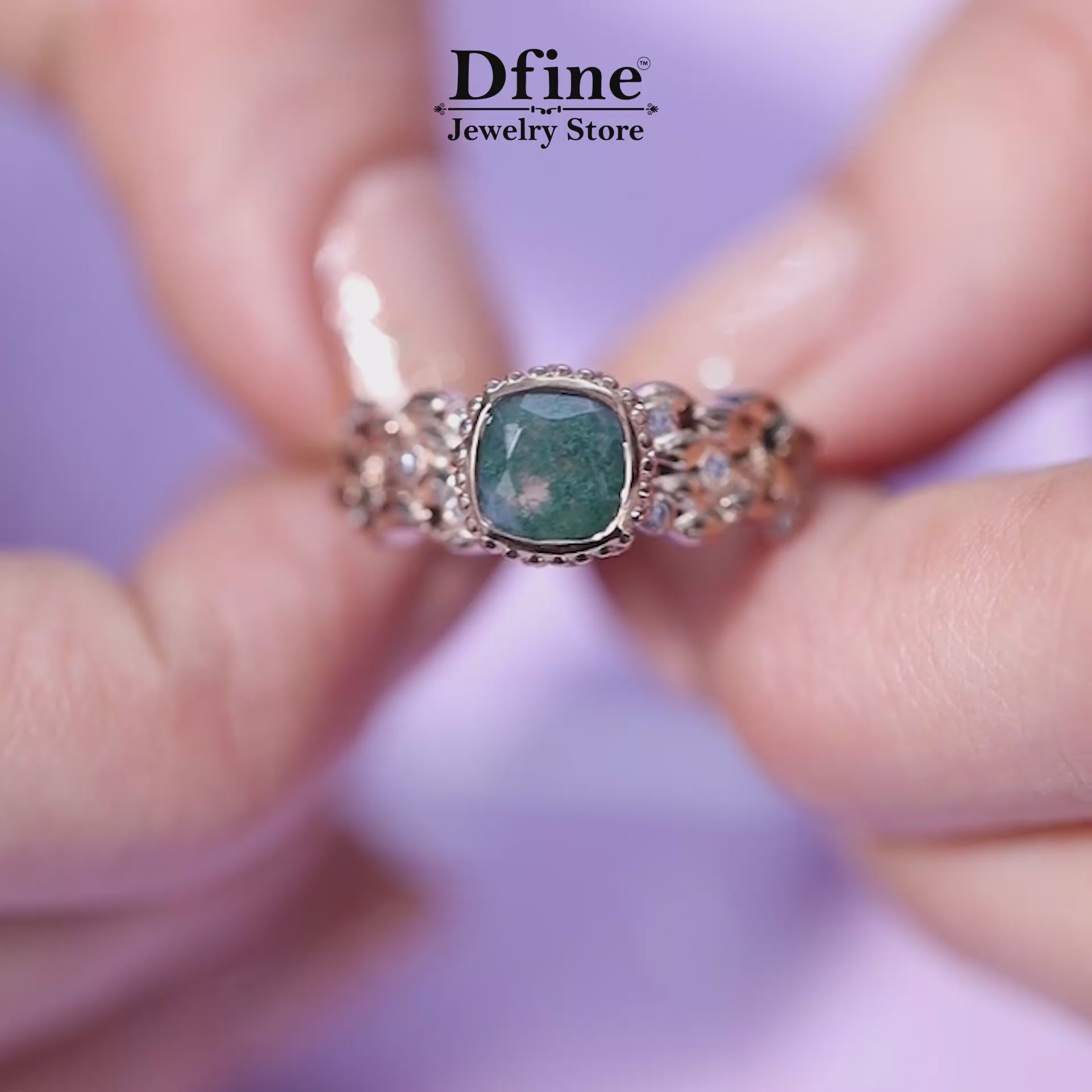 Cushion cut moss agate floral nature inspired engagement ring in solid 10k 14k rose gold