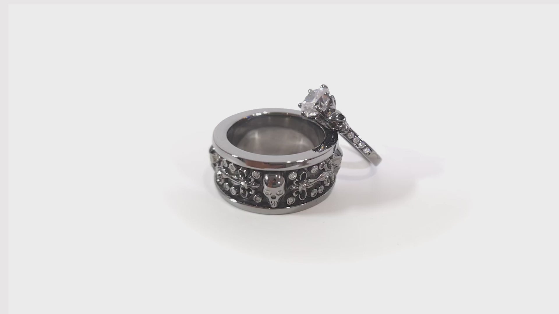 Diamond Skull Promise Ring Set His and Her Couple Skull Rings