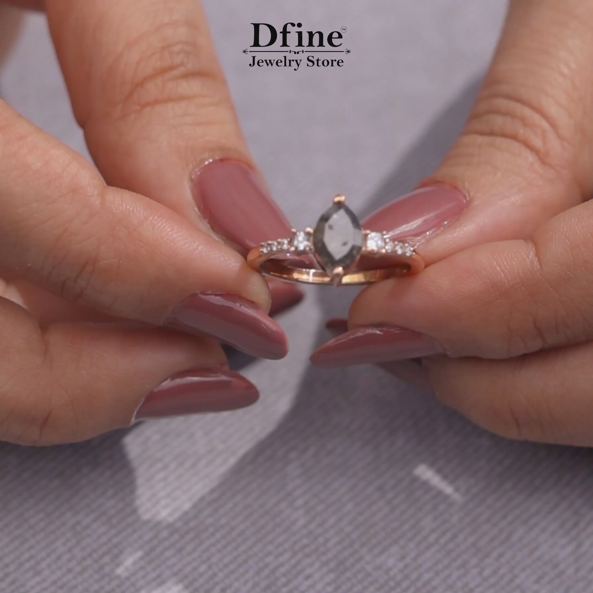 Dfine Jewelry salt and pepper diamond ring with moissanite accents, a galaxy-inspired alternative engagement ring for the modern bride