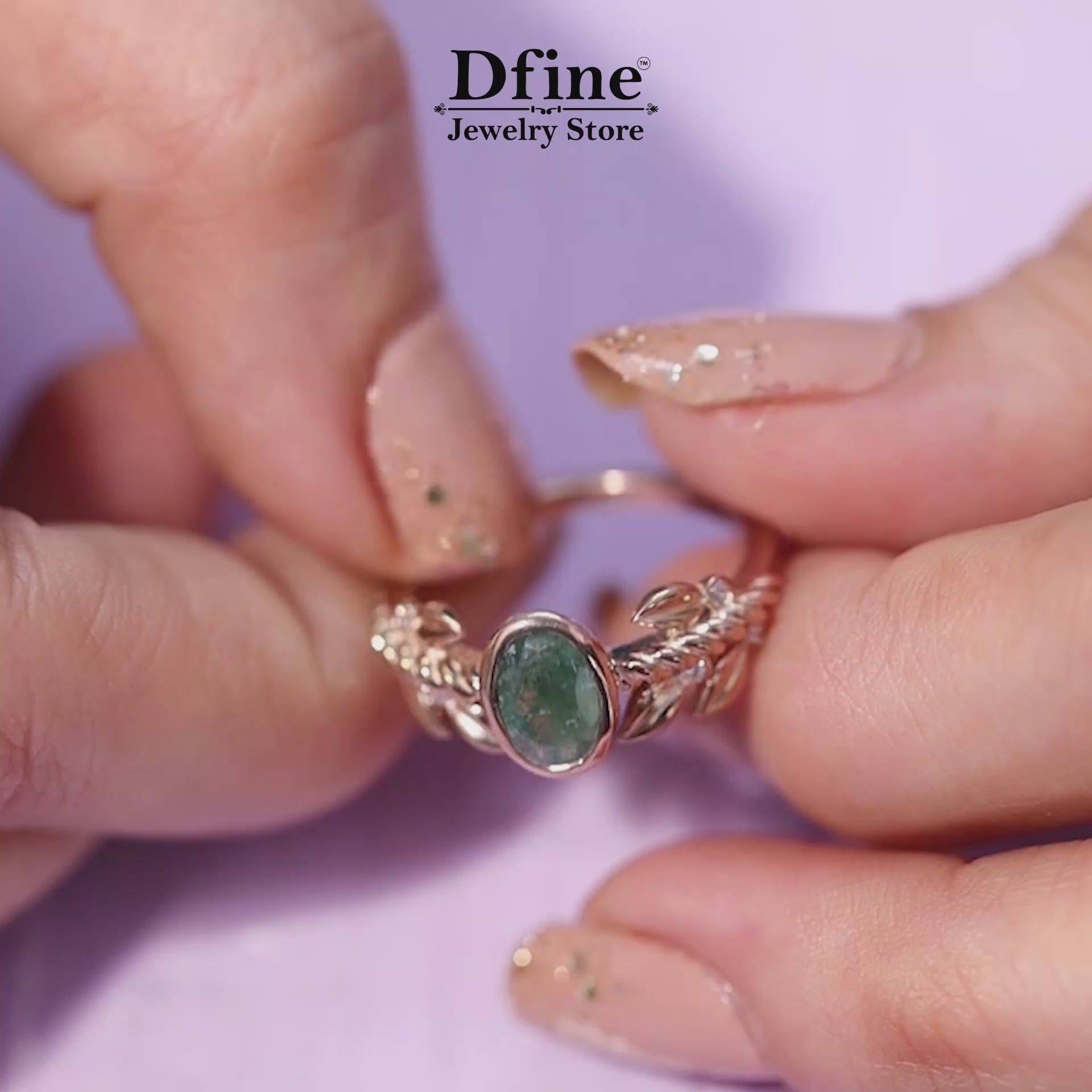 Oval Cut Moss Agate Ring with Floral Leaf Vine Nature Inspired Design in 10k 14k Rose Gold