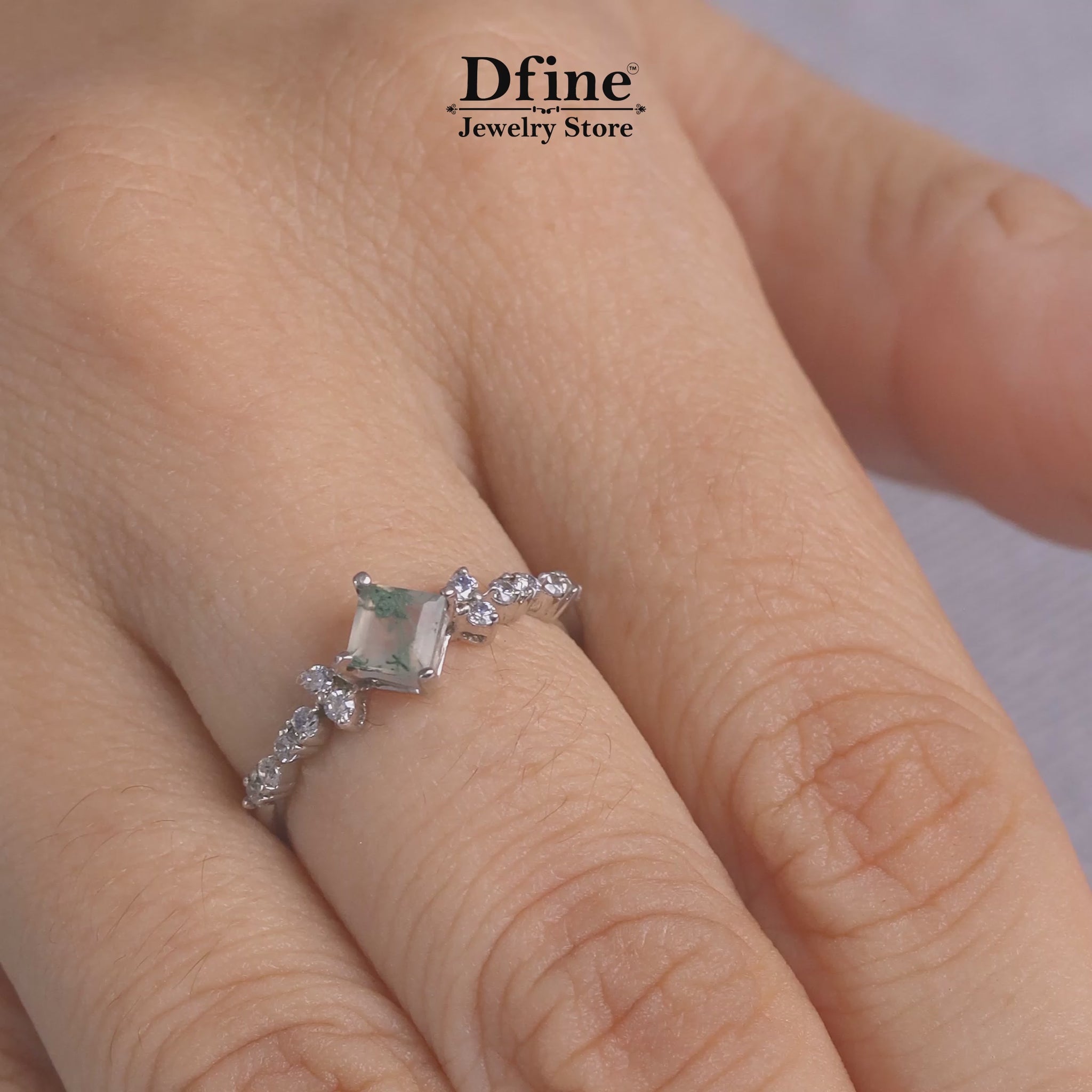 Princess cut moss agate promise ring in sterling silver or white gold